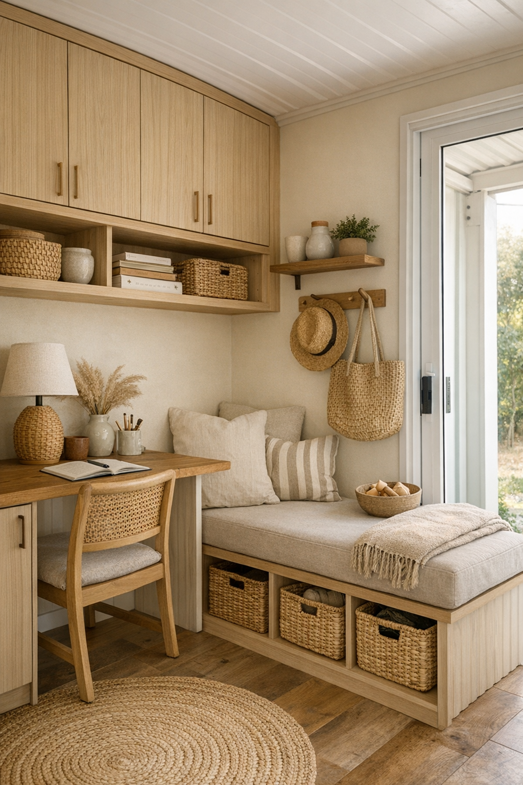Cozy multipurpose nook with built-in desk, bench, and warm natural finishes
