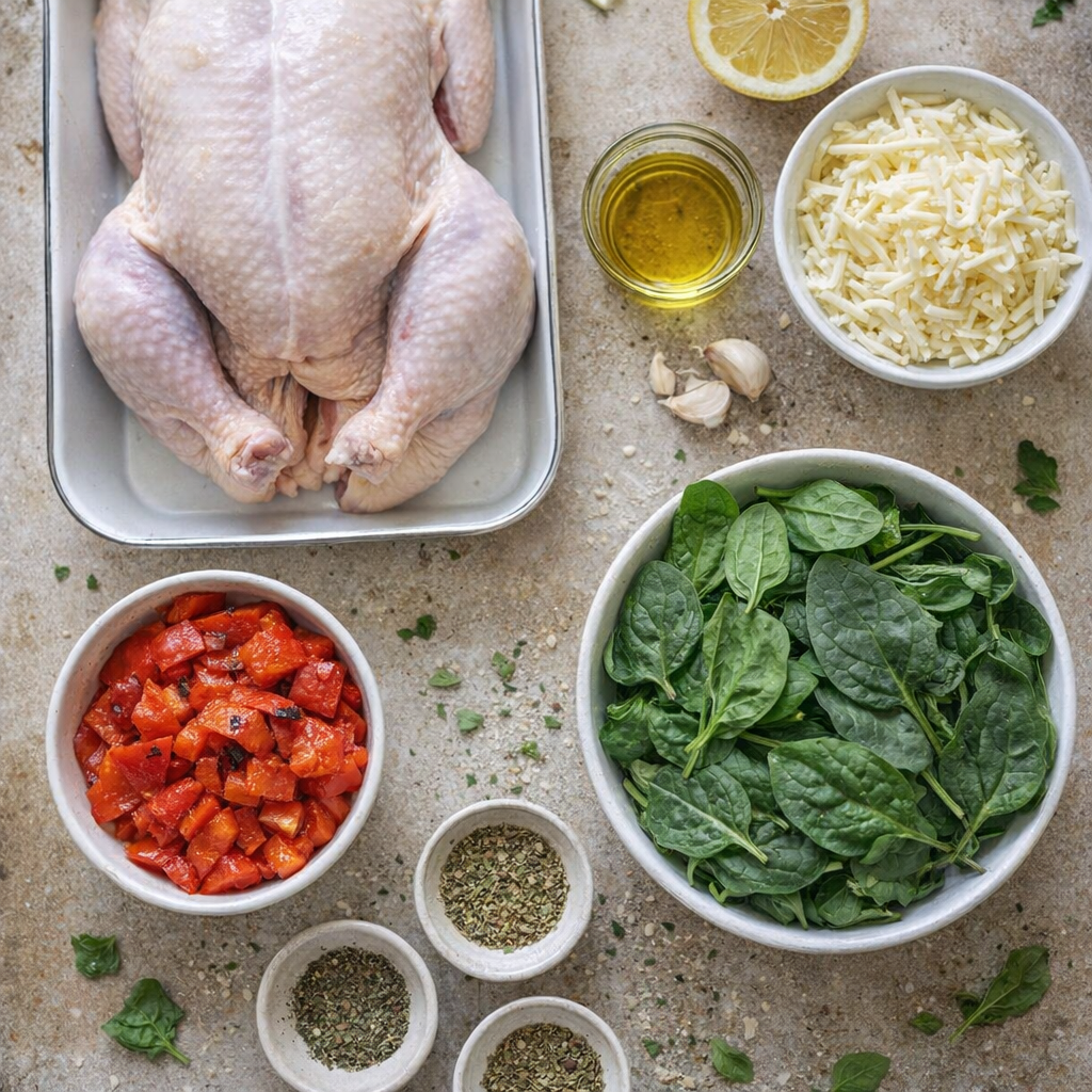Stuffing ingredients arranged on a kitchen counter