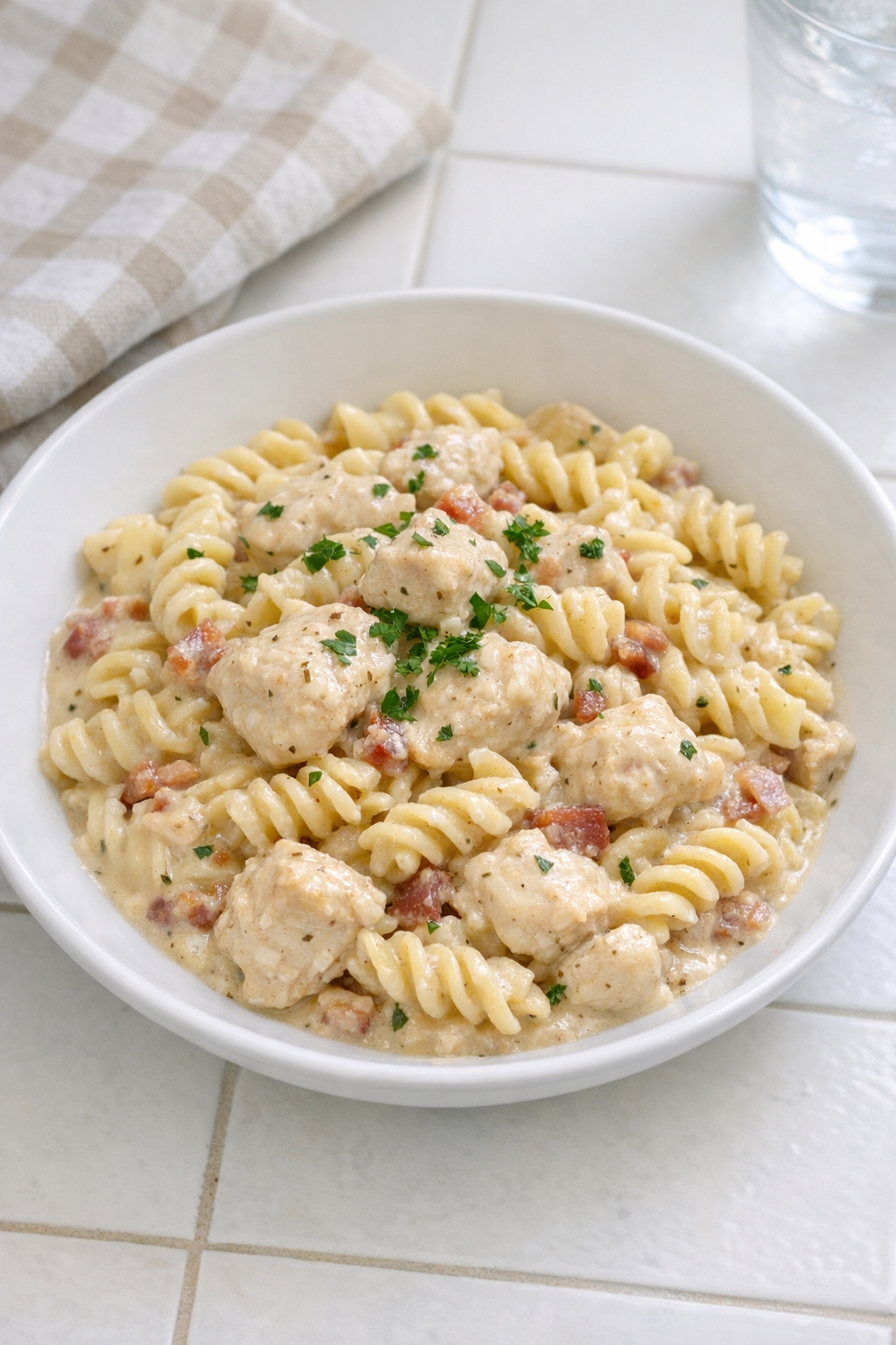 Finished creamy bacon chicken pasta plated in a shallow bowl