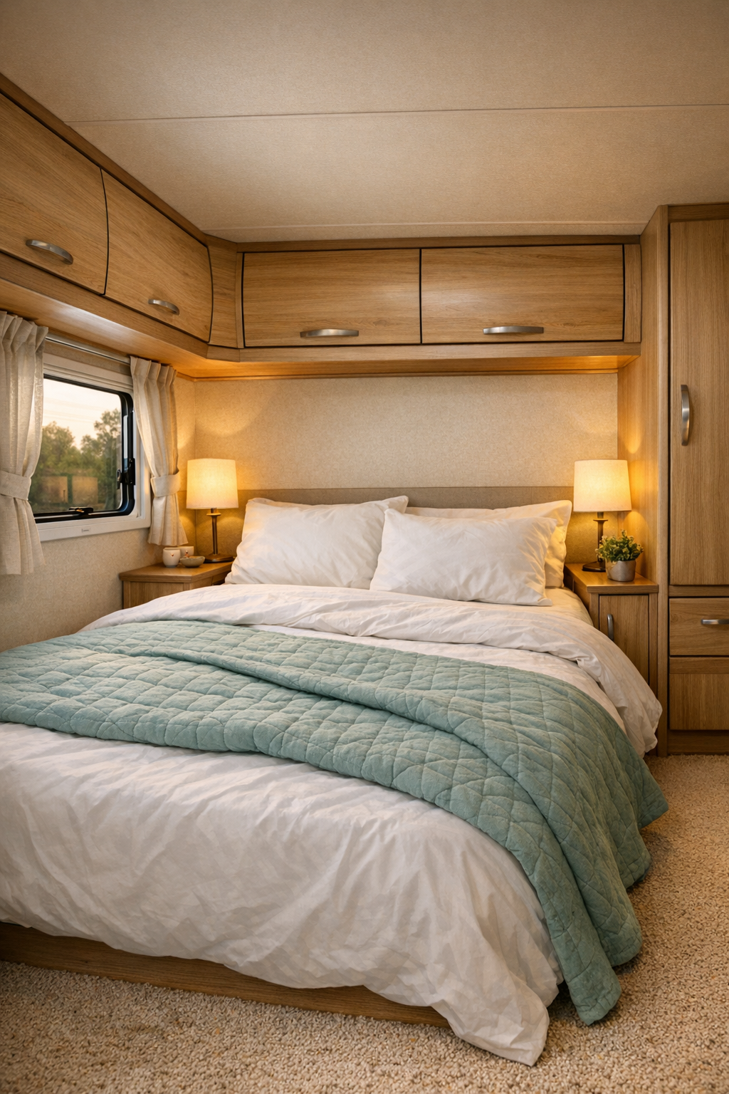 Calm RV bedroom with low bed and pale teal bedding