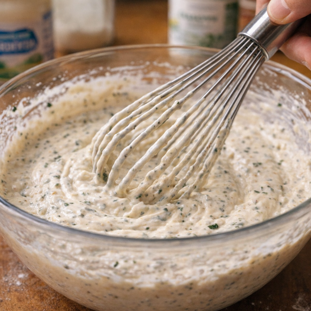 Creamy ranch sauce being whisked in a mixing bowl