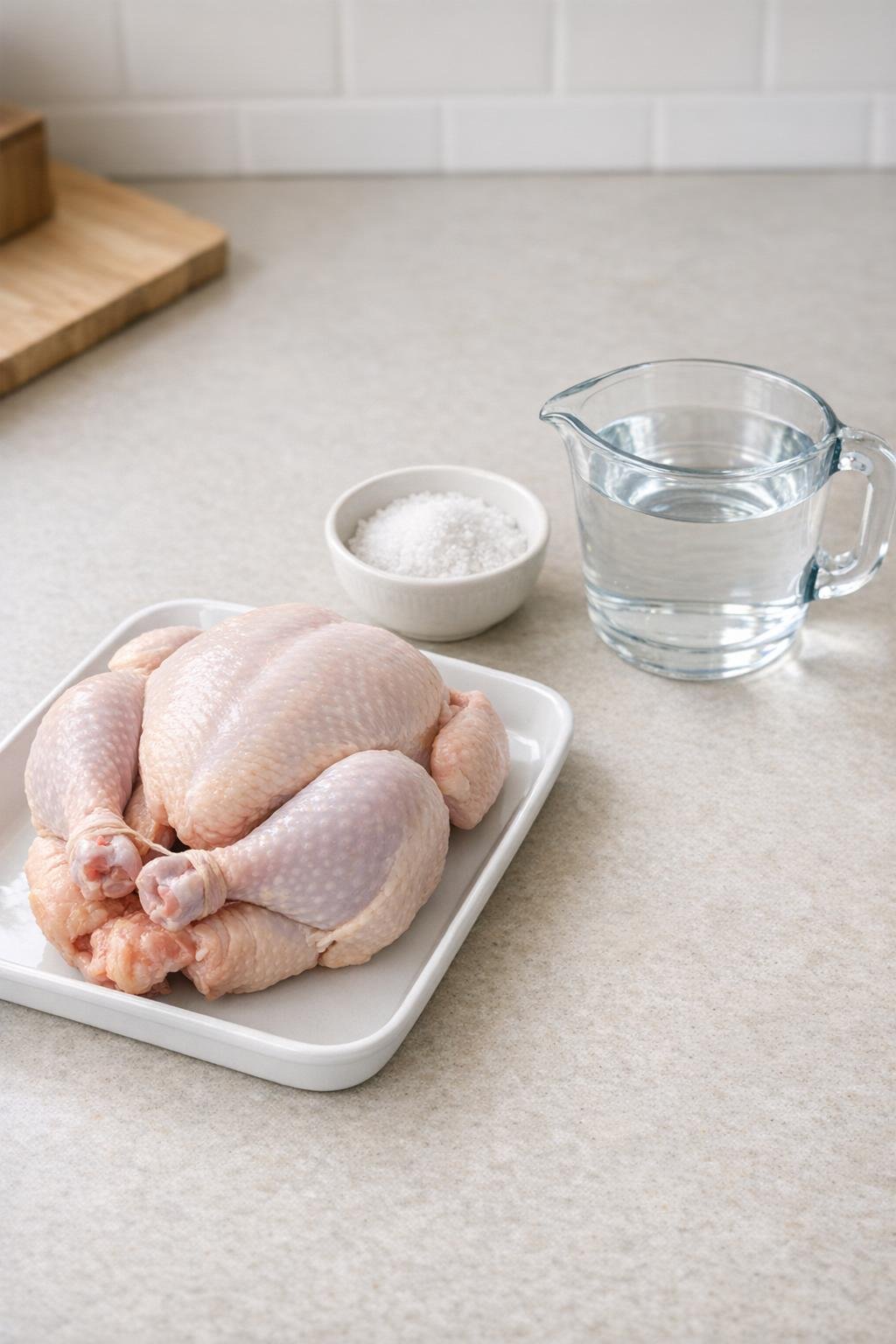 Whole chicken, salt, and water on a kitchen counter