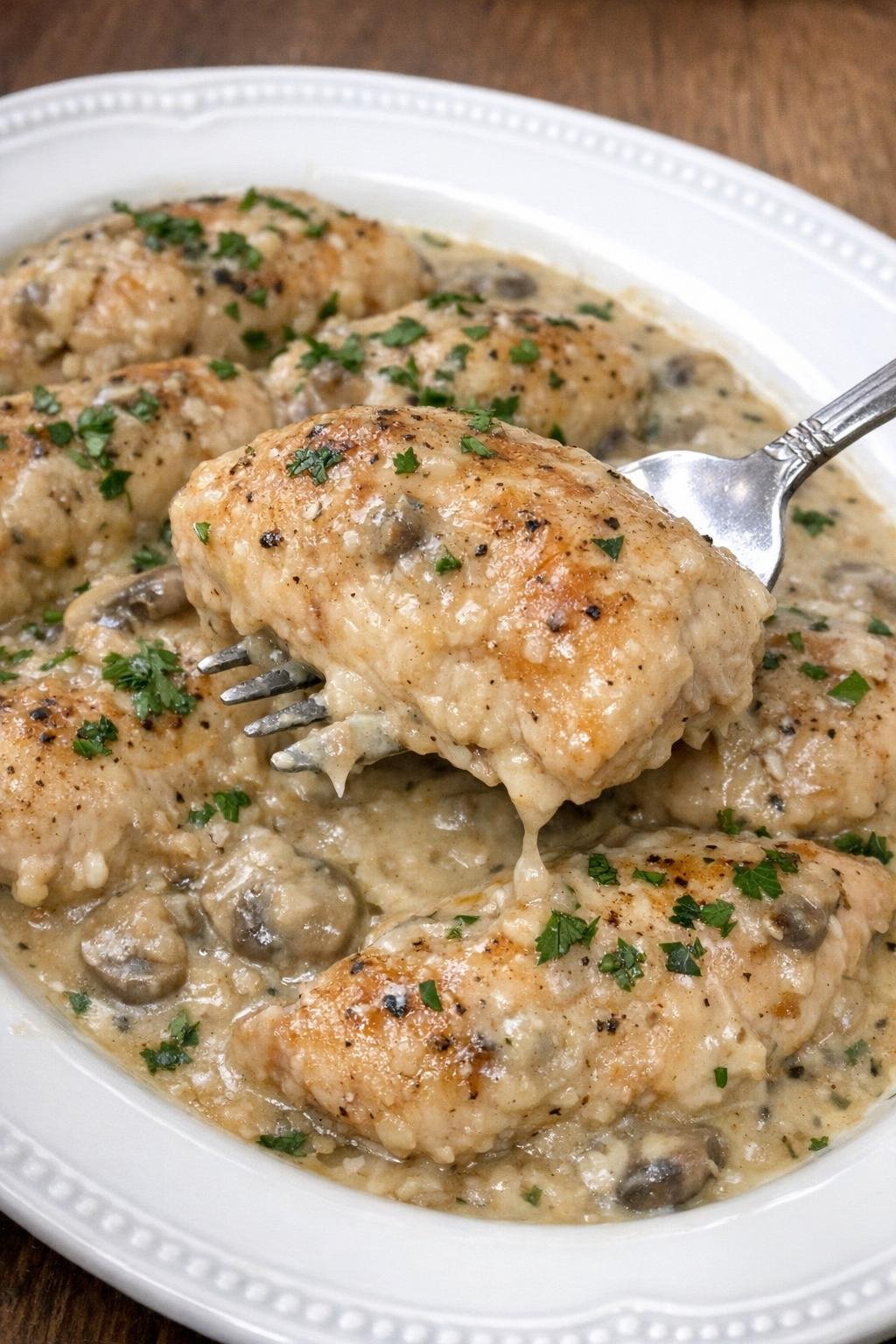 Chicken pieces in mushroom cream sauce on a white serving platter