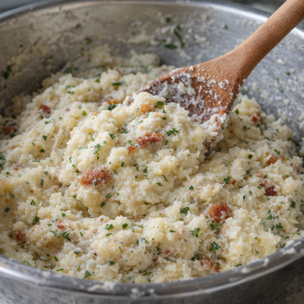 Potato mixture being stirred in a mixing bowl