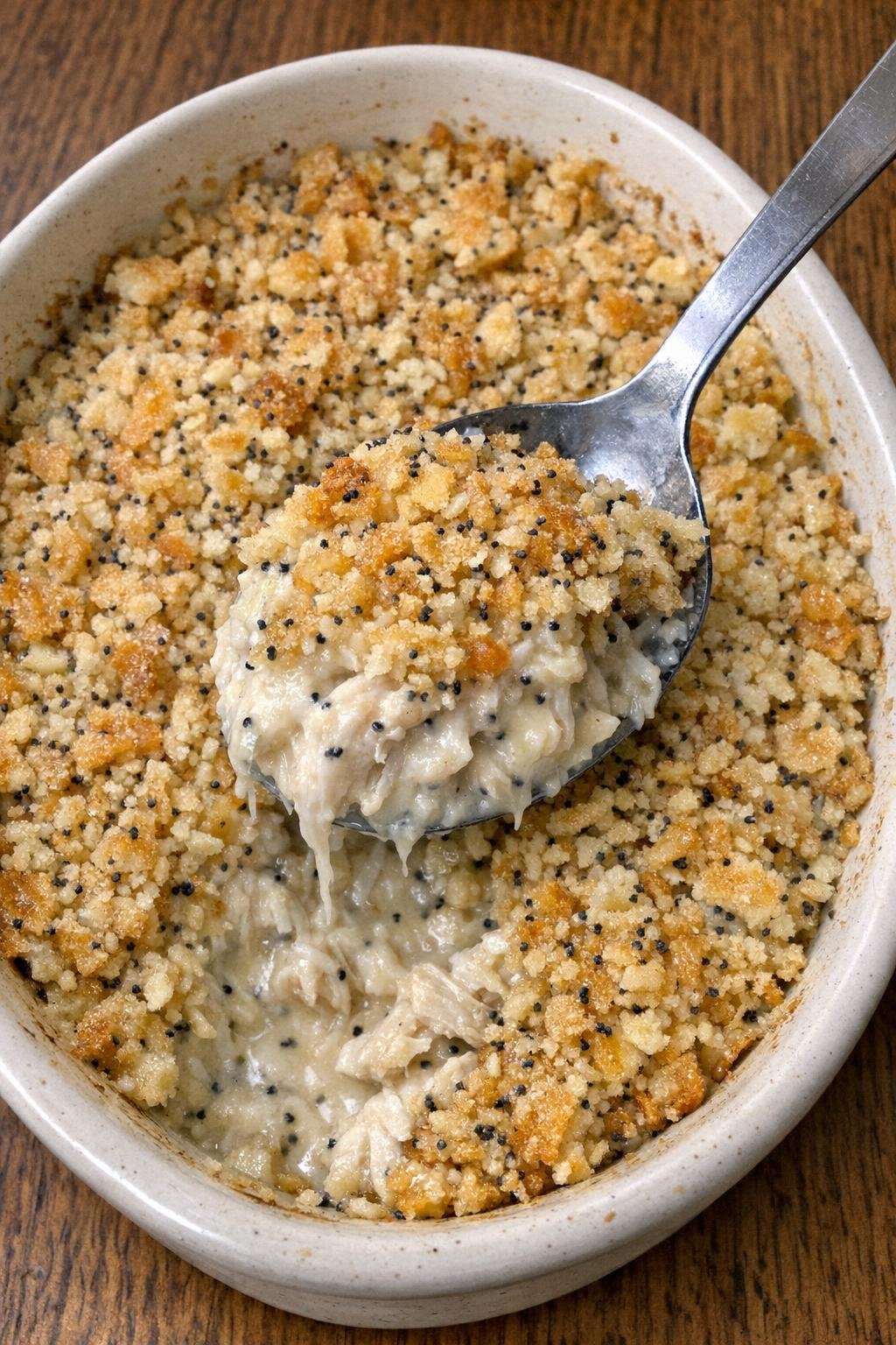 Close-up casserole in an oval baking dish with a spoon lifting a creamy portion