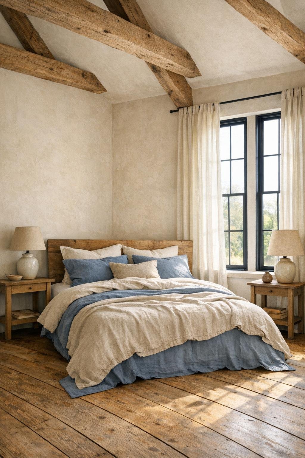 Serene farmhouse bedroom with layered linen bedding, wood floors, and soft natural colors
