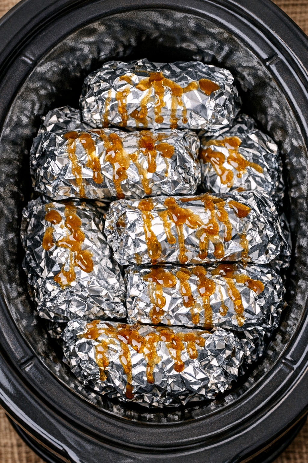 Finished Hawaiian chicken packets in a slow cooker