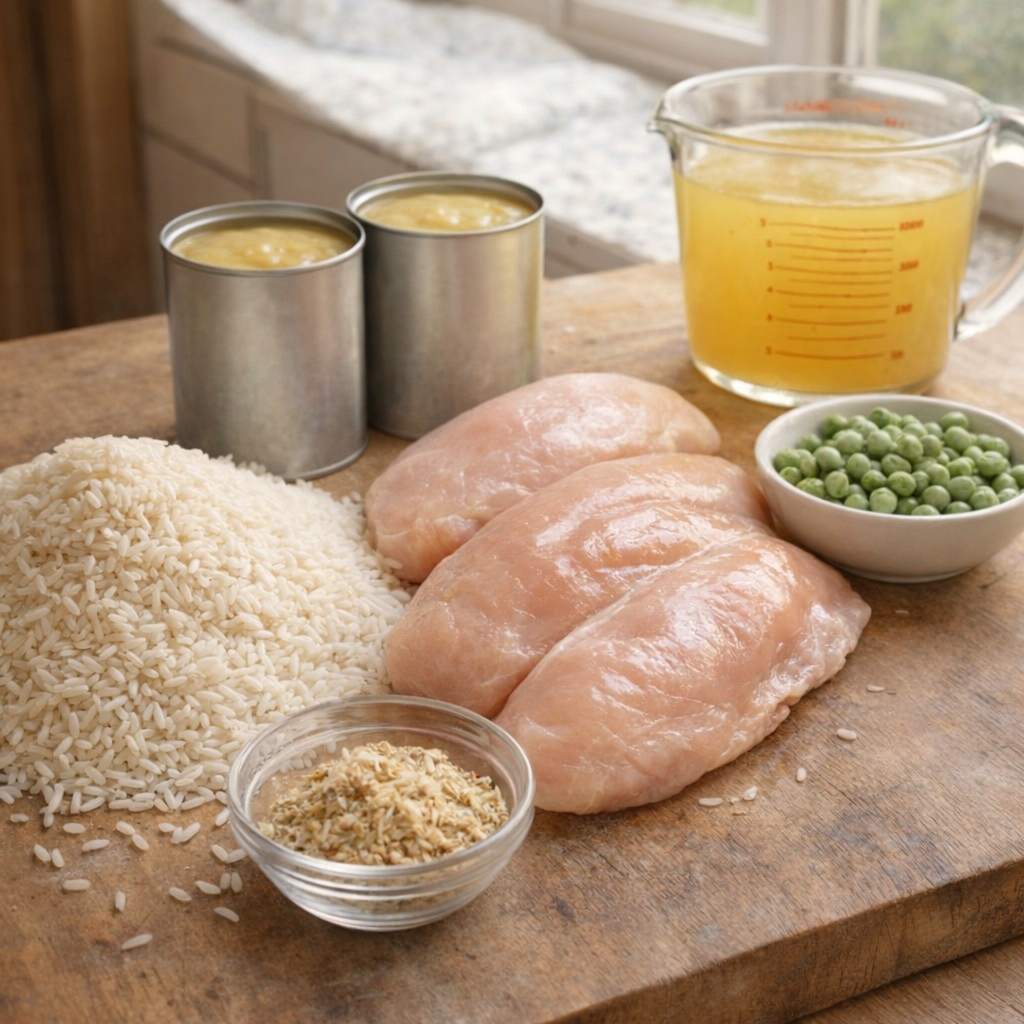 Ingredients arranged for chicken and rice casserole