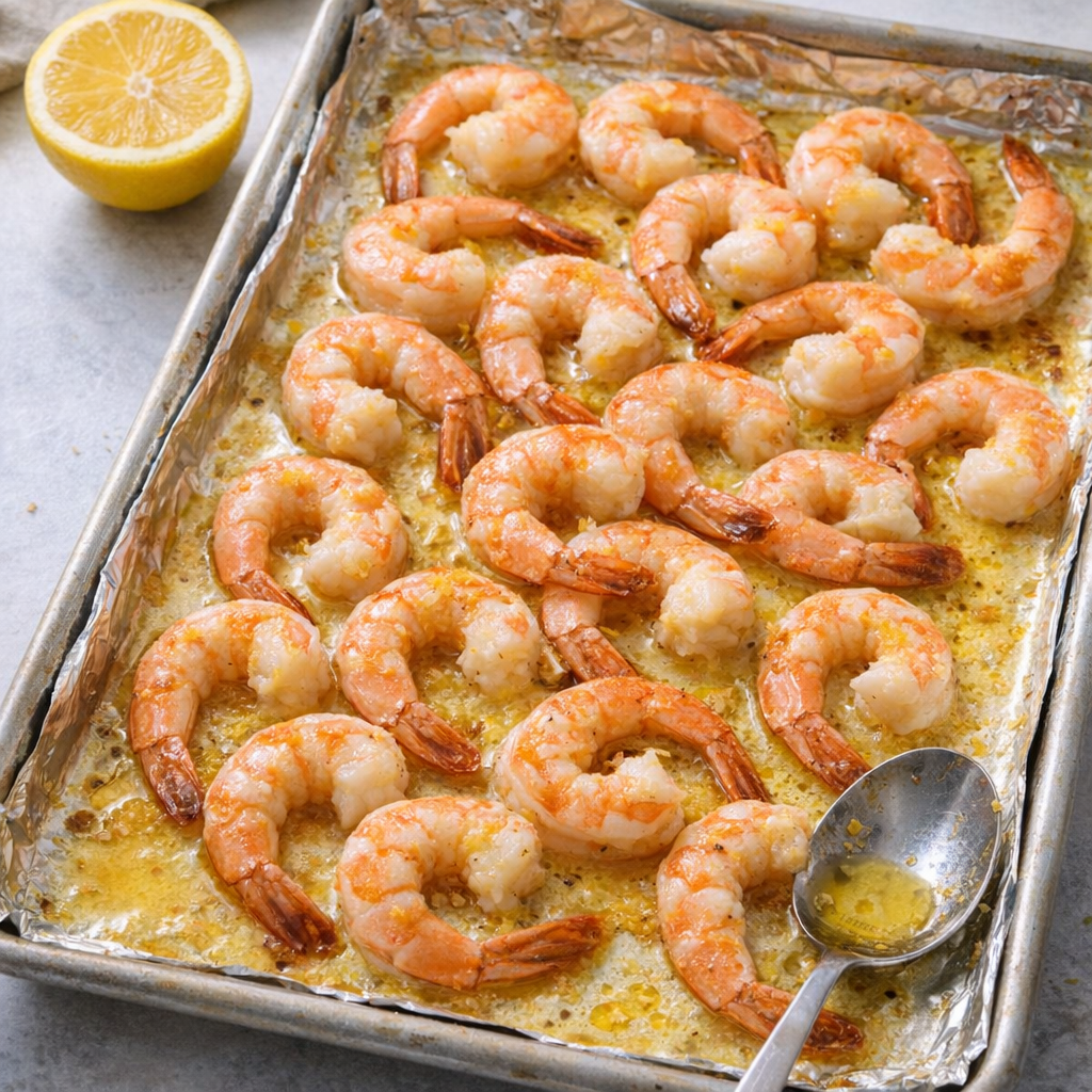 Sheet pan of lemon butter shrimp ready for dinner