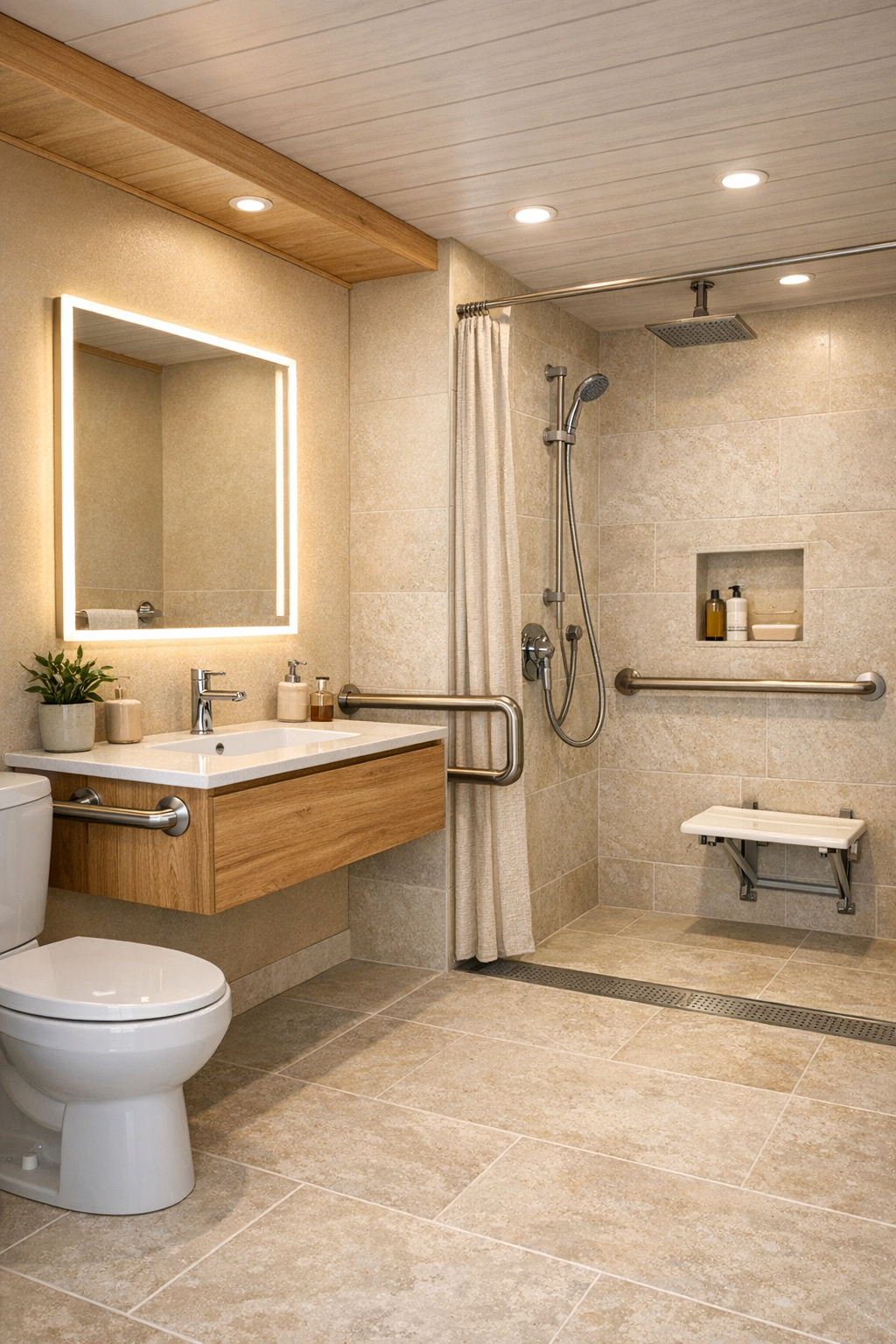 Accessible spa-like bathroom with curbless shower and pale stone finishes