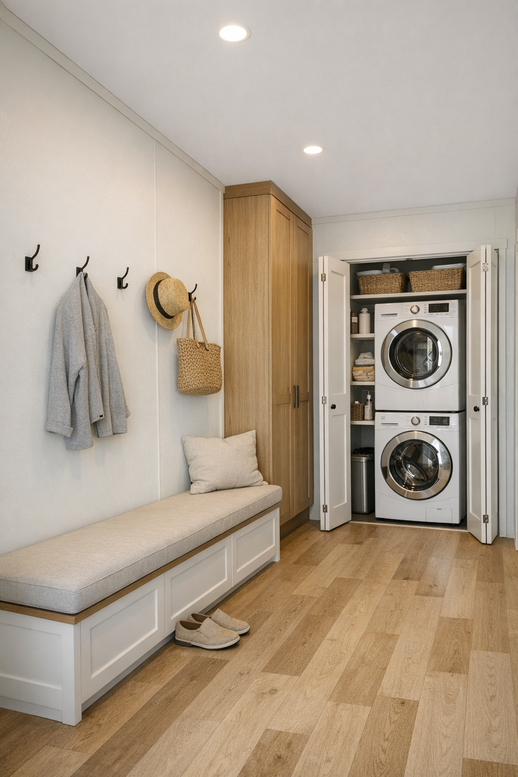 Functional hallway and utility area with a built-in bench, tidy storage, wide passage, and a compact laundry closet
