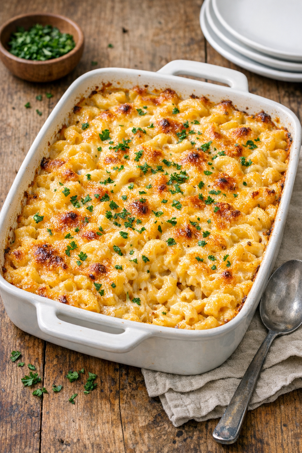 Finished baked smoked cheddar macaroni in a casserole dish