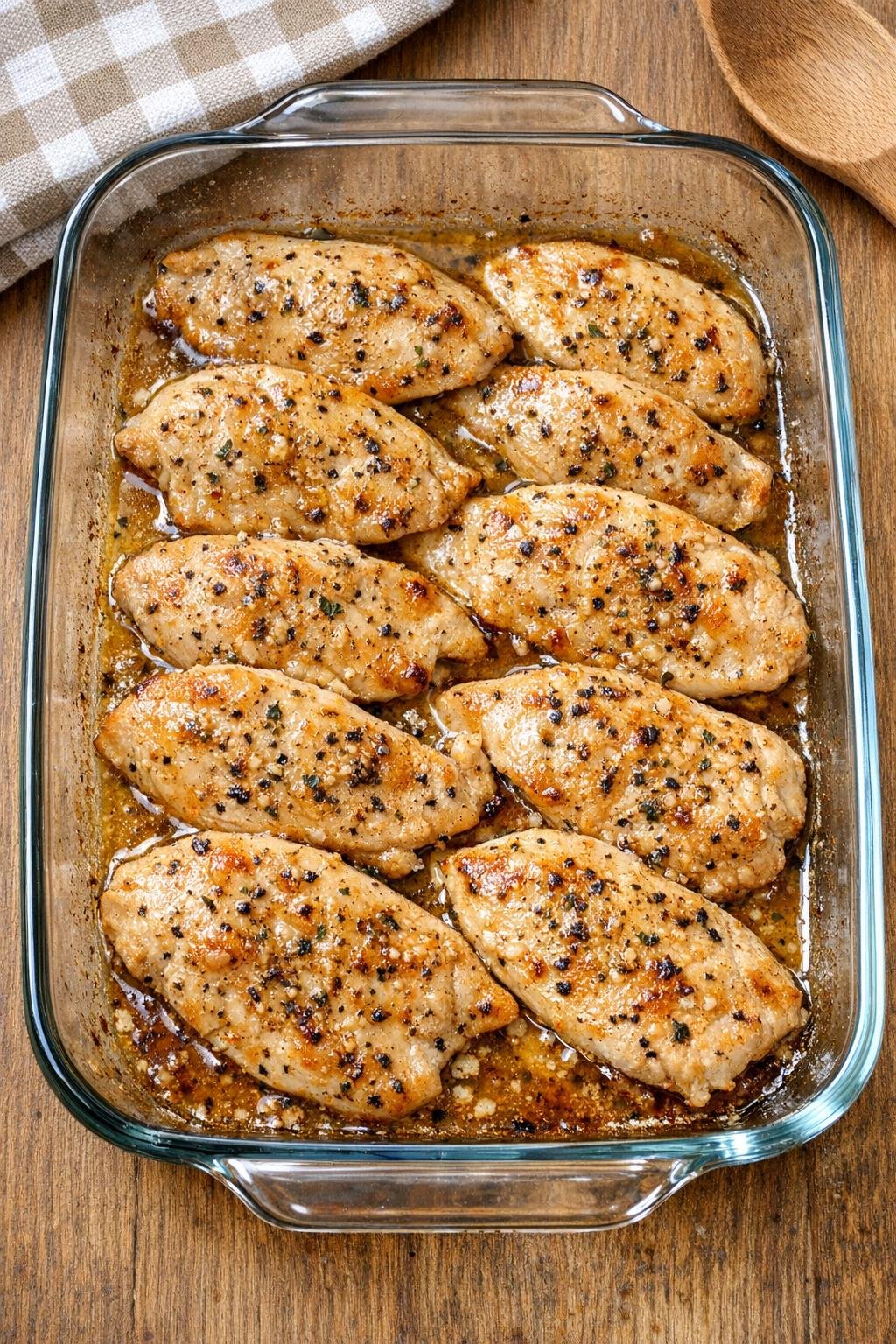 Finished baked chicken cutlets in a glass casserole dish