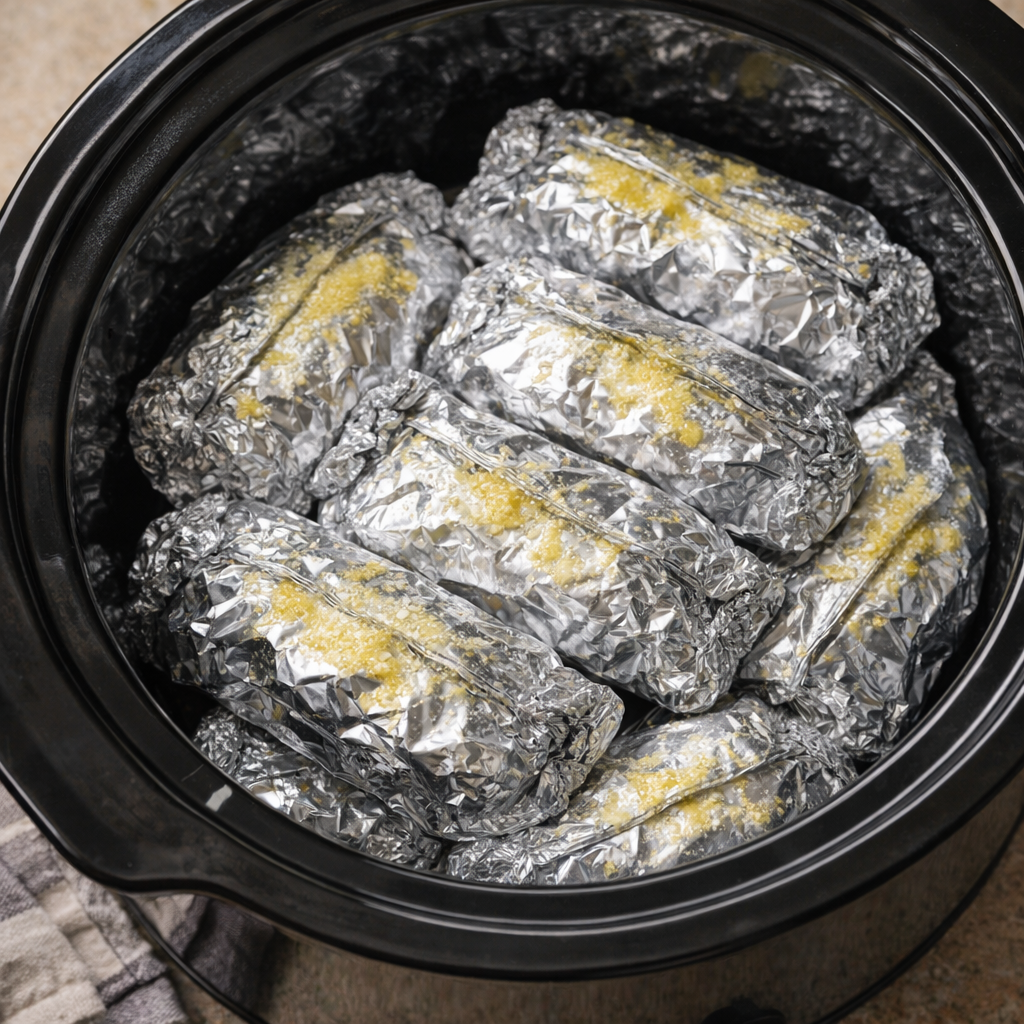 Foil packets nestled inside a slow cooker