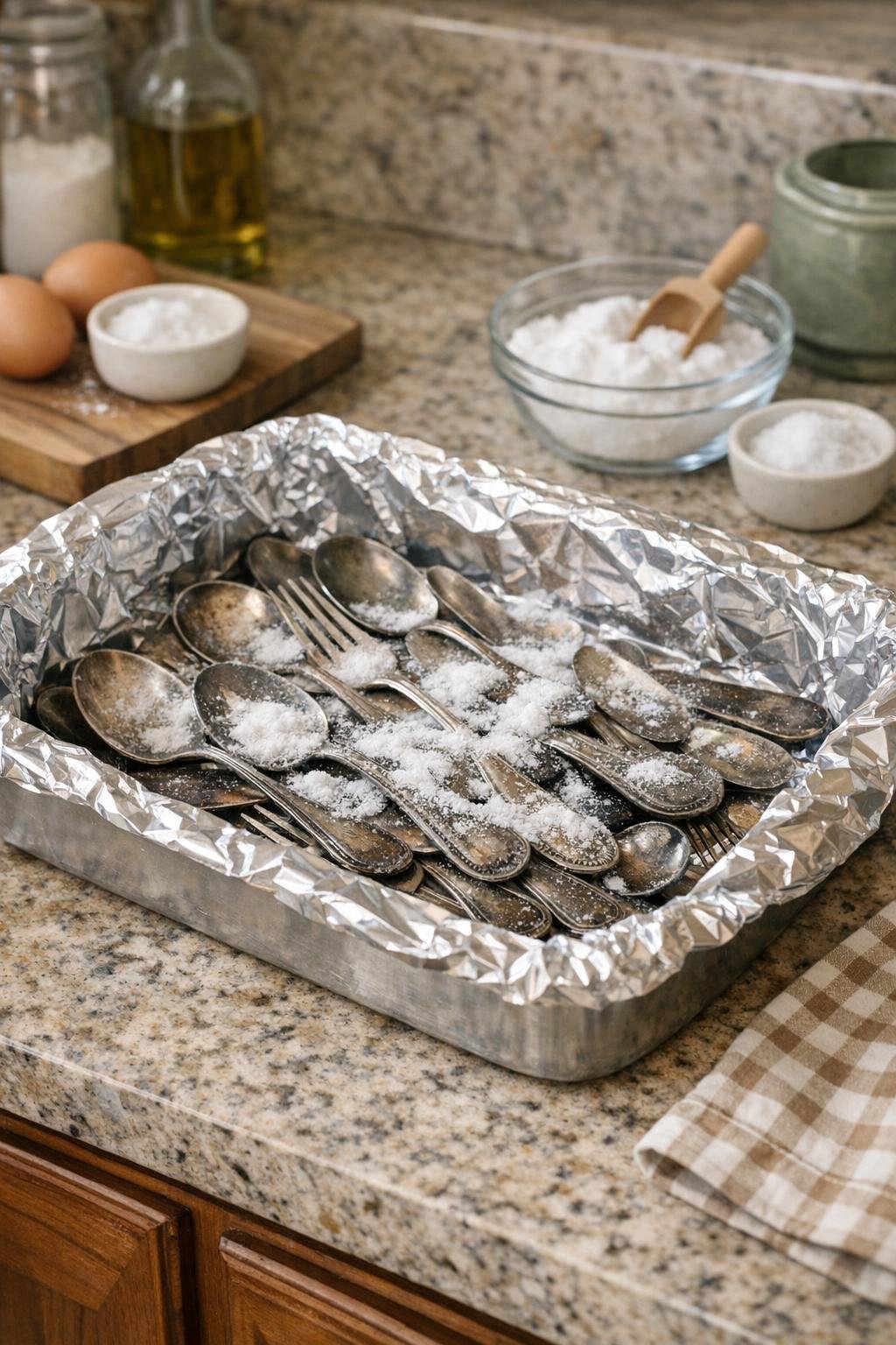 Baking dish lined with foil and silverware ready to soak