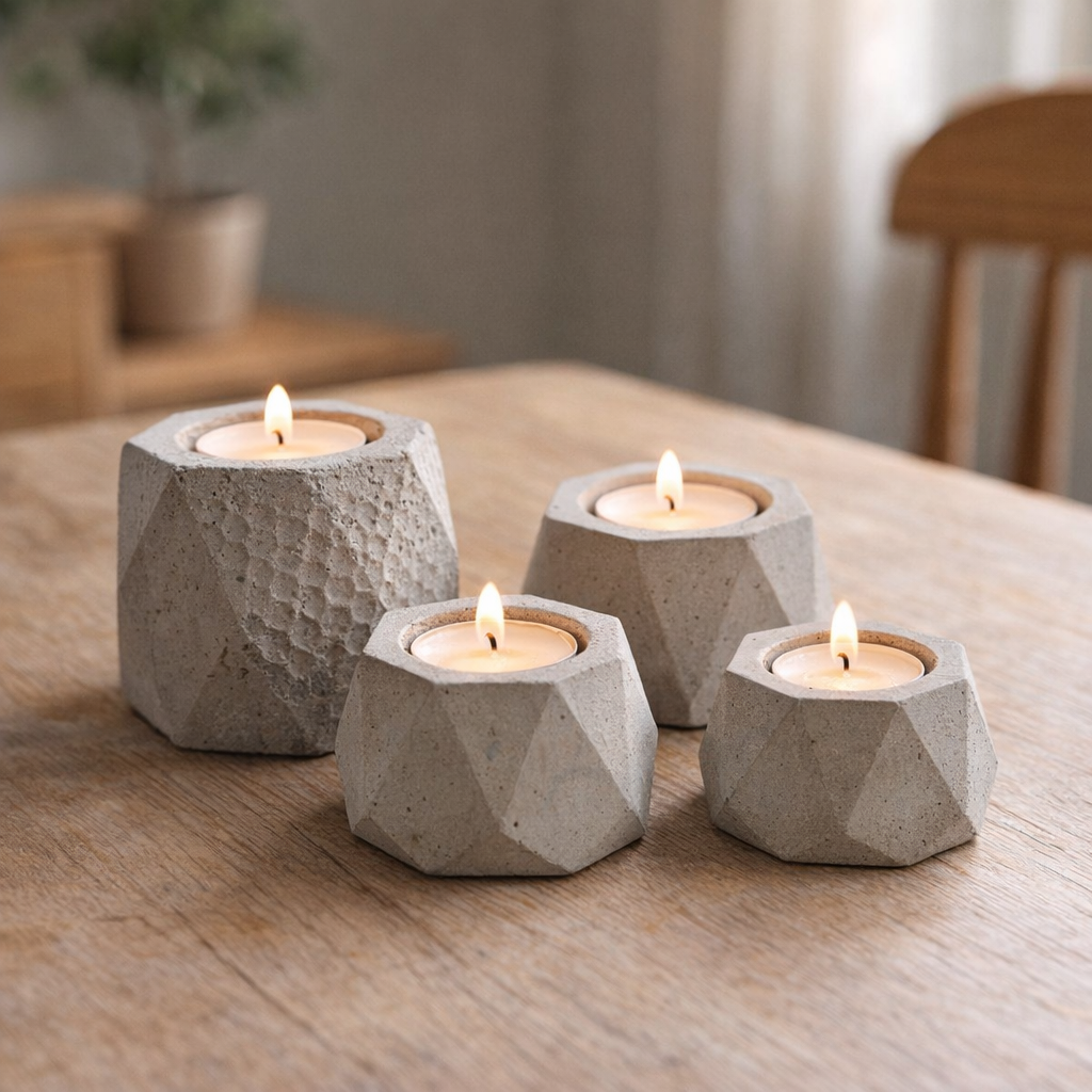 Finished candle holders in different sizes and tones