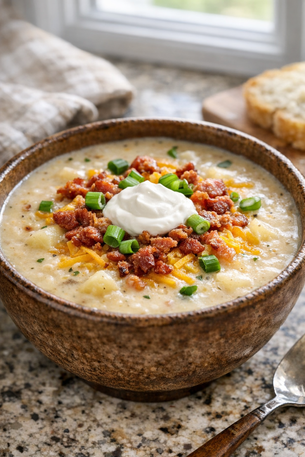 Loaded potato soup topped with green onions and sour cream