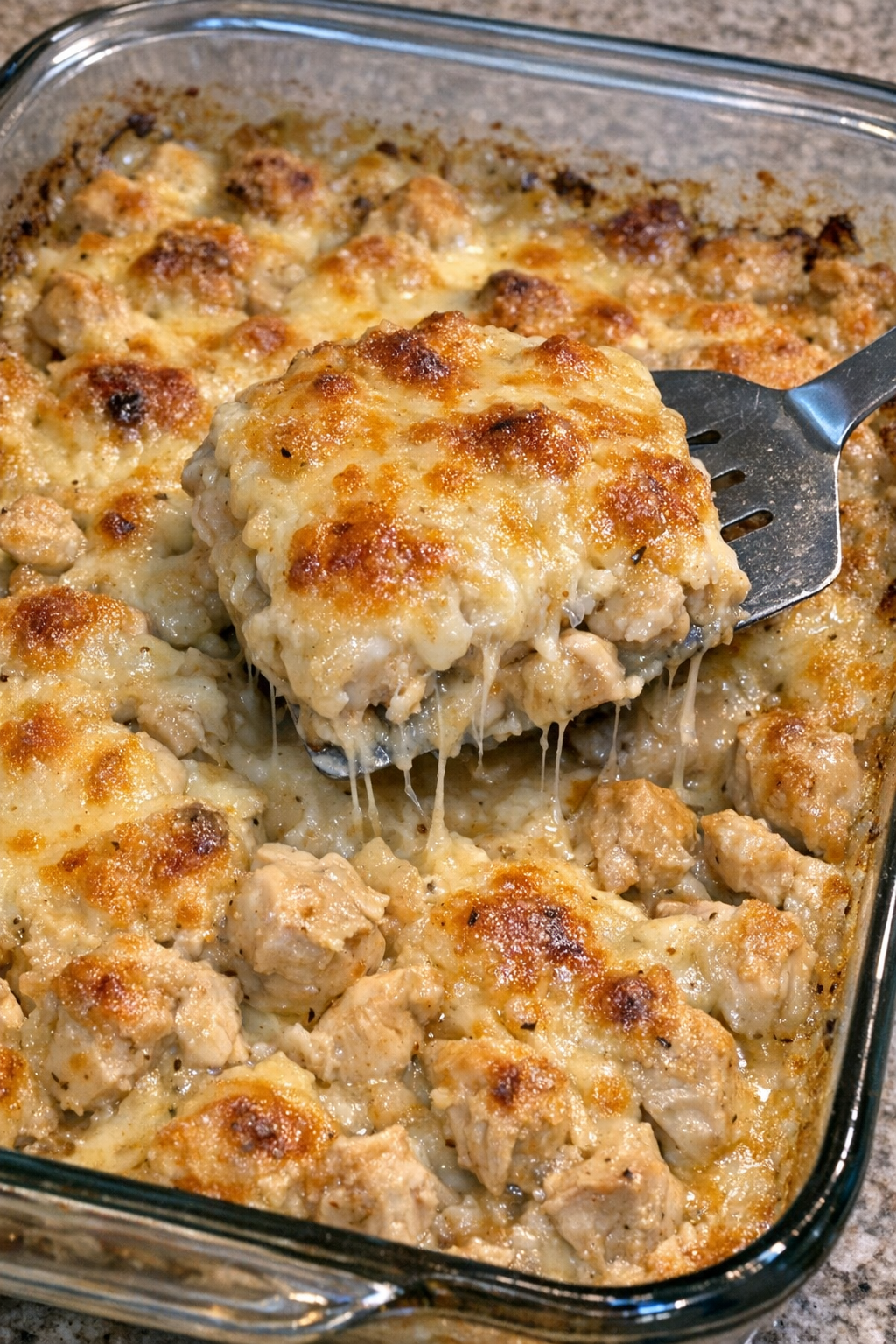 Saucy baked chicken casserole in a glass dish