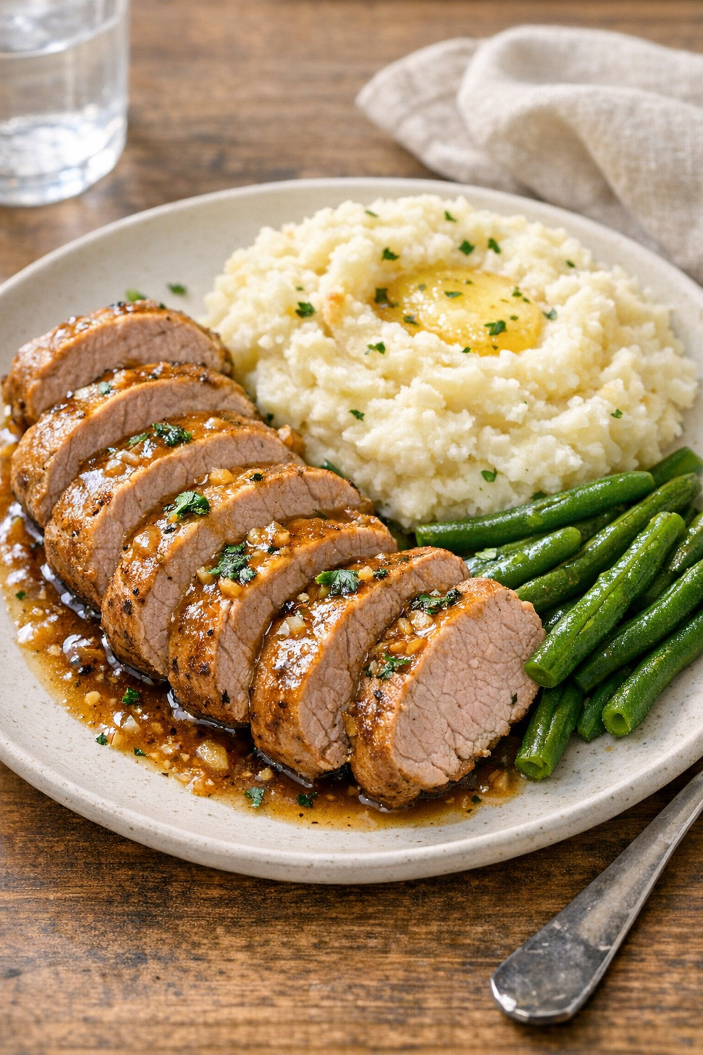 Sliced pork tenderloin plated with sides and sauce