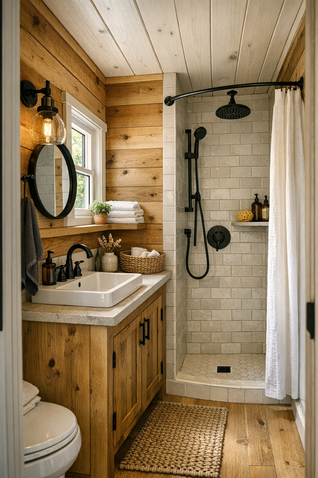 Warm rustic bathroom with wood vanity and light tile shower