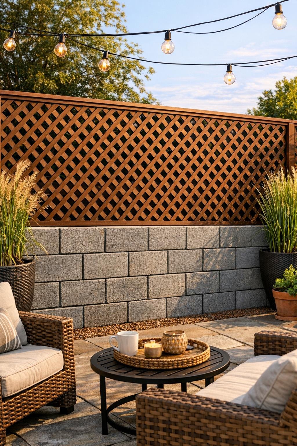 Finished backyard privacy screen made from brown wooden lattice inserted into large grey cinder blocks