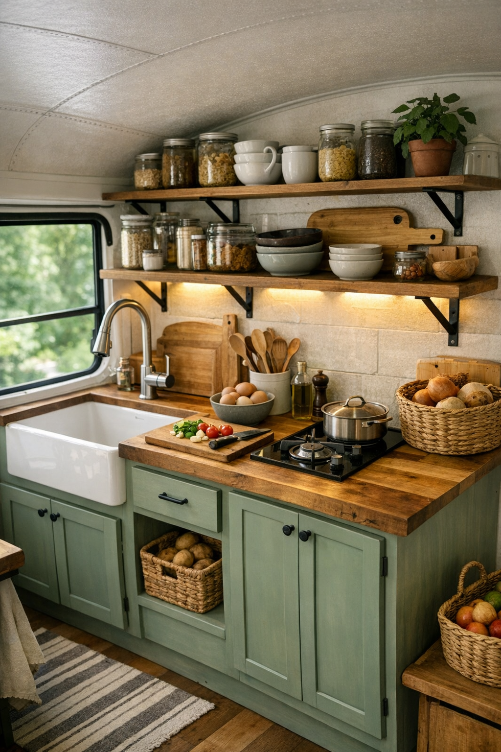 Inviting bus kitchen with sage cabinetry, butcher block counters, and open shelving