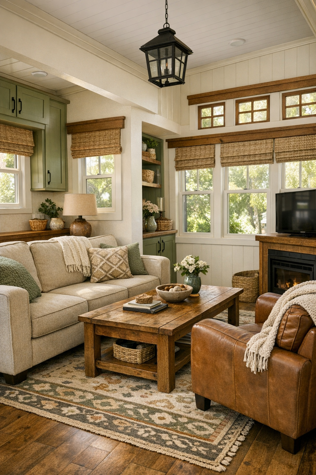 Craftsman-inspired living room with sage accents, warm wood, and cozy compact seating