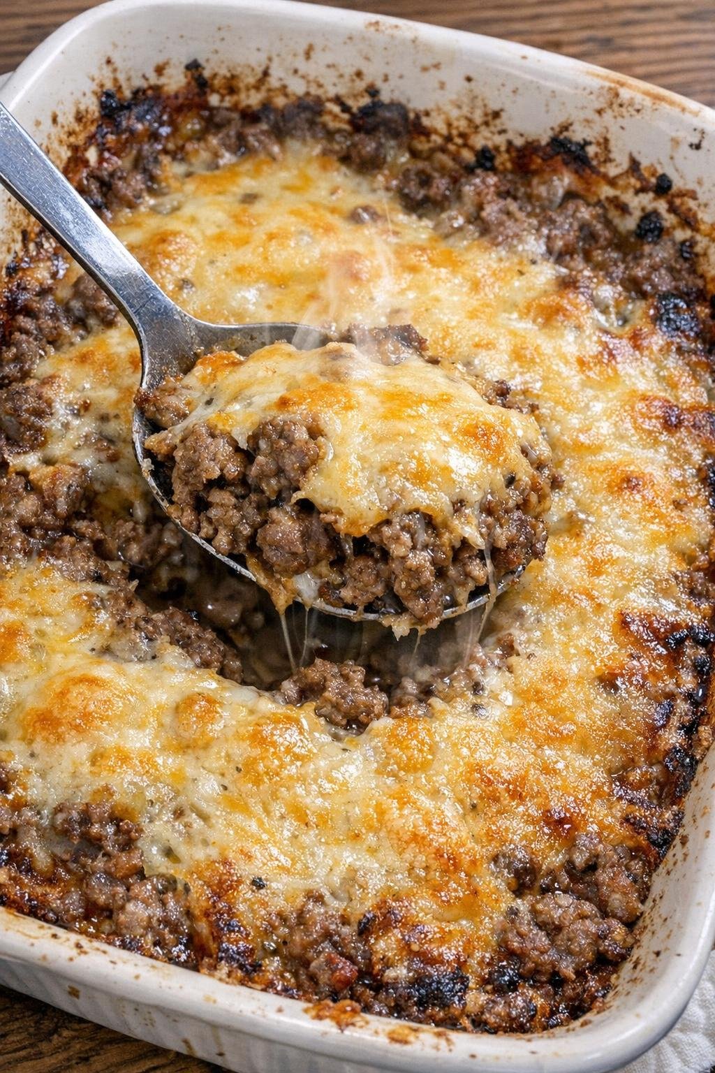 Baked beef casserole with melted cheese in a dish