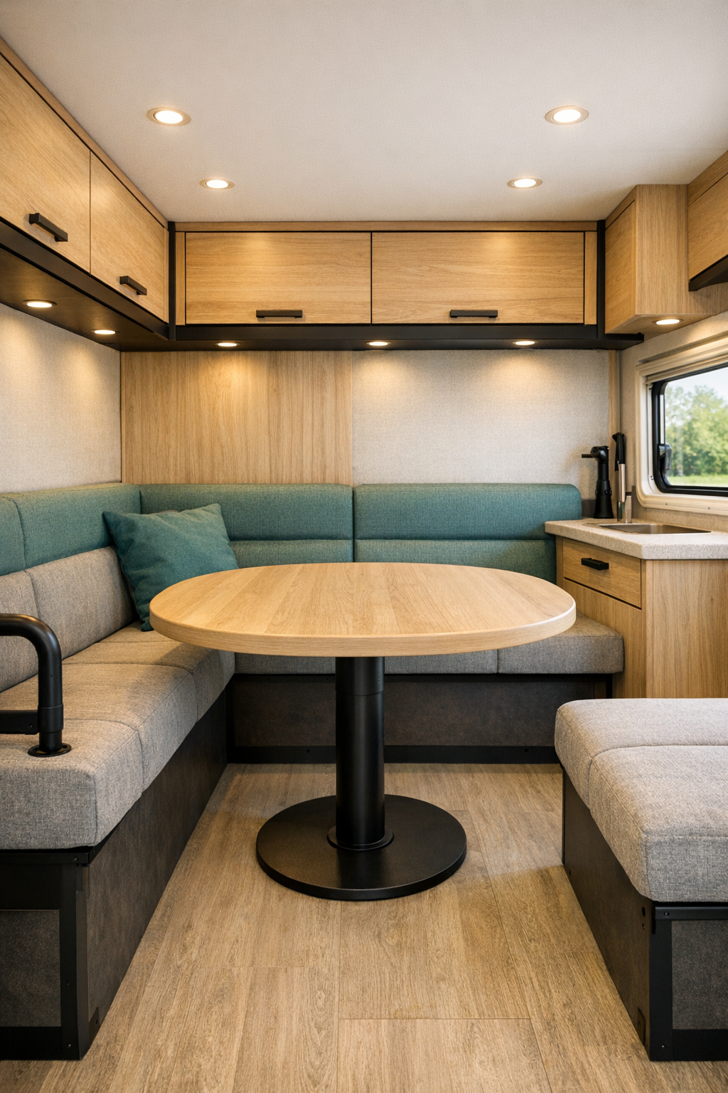 Compact RV camper dining area with rounded table, supportive seating, and warm teal accents