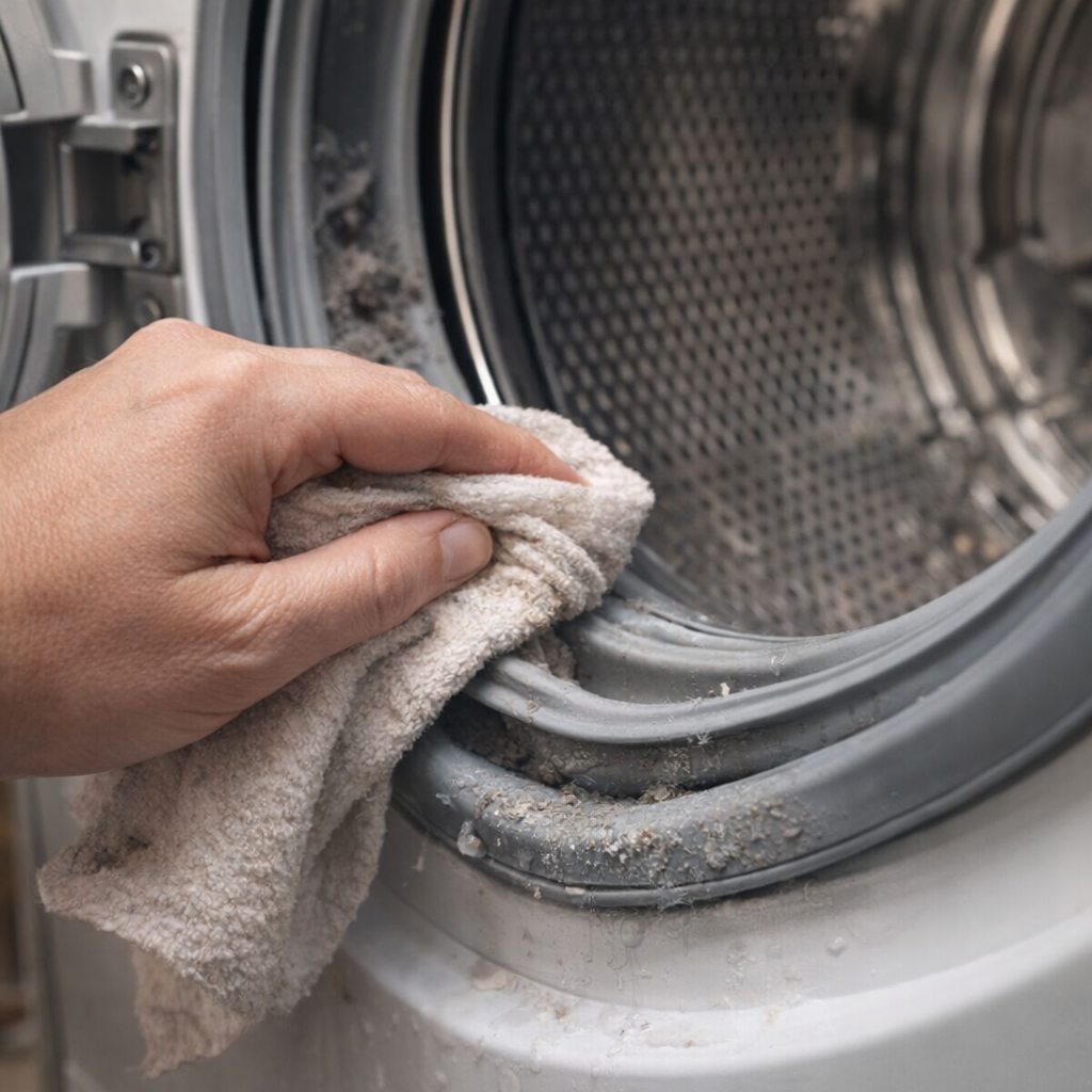 Hand wiping the rubber seal of a front-load washer