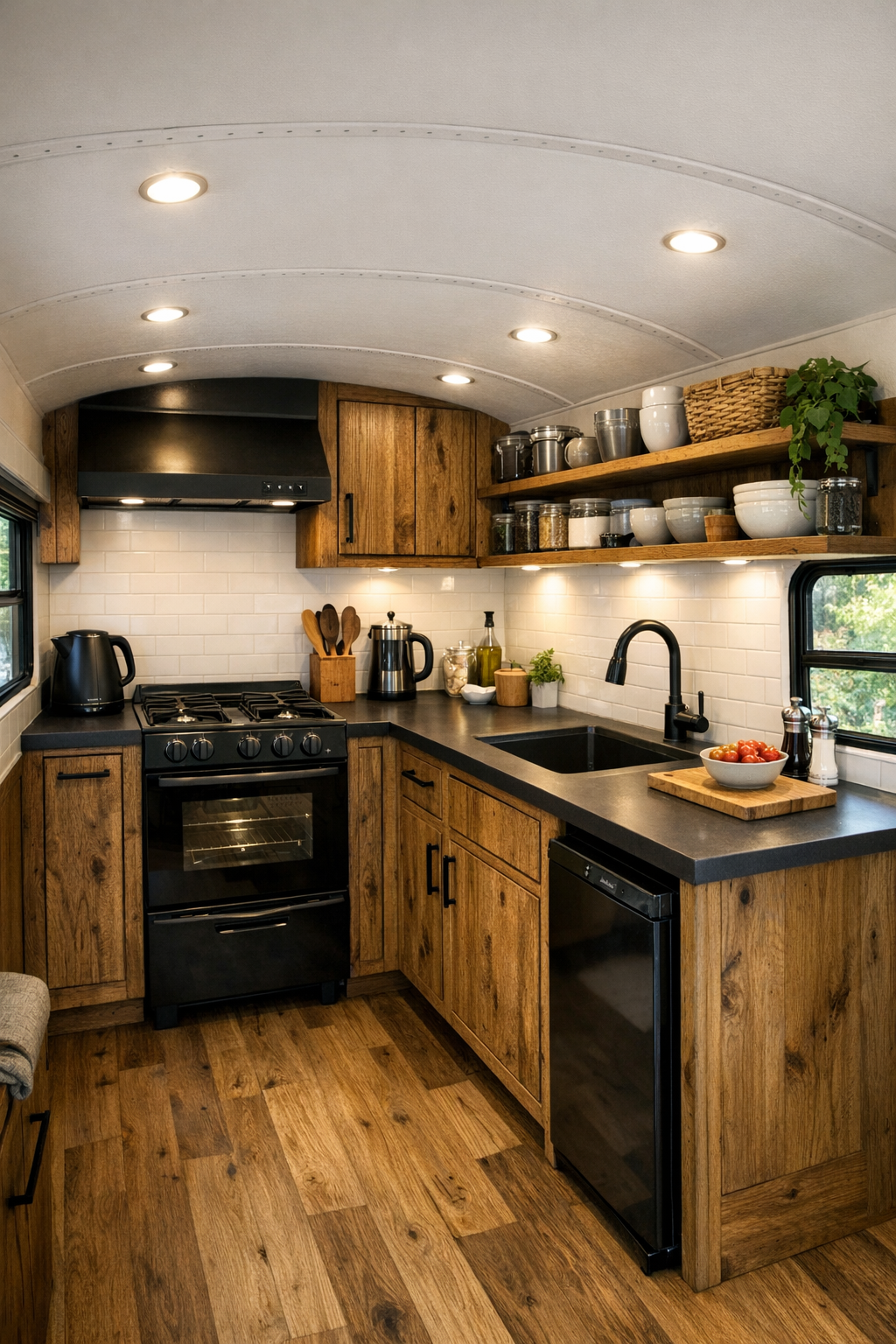 Galley kitchen in a converted bus with oak cabinetry, dark counters, and compact off-grid appliances