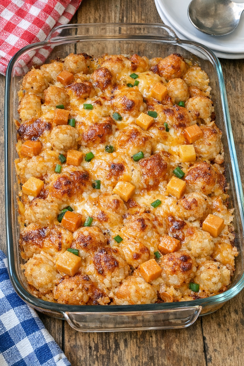 Finished cheesy potato puff casserole in a glass baking dish