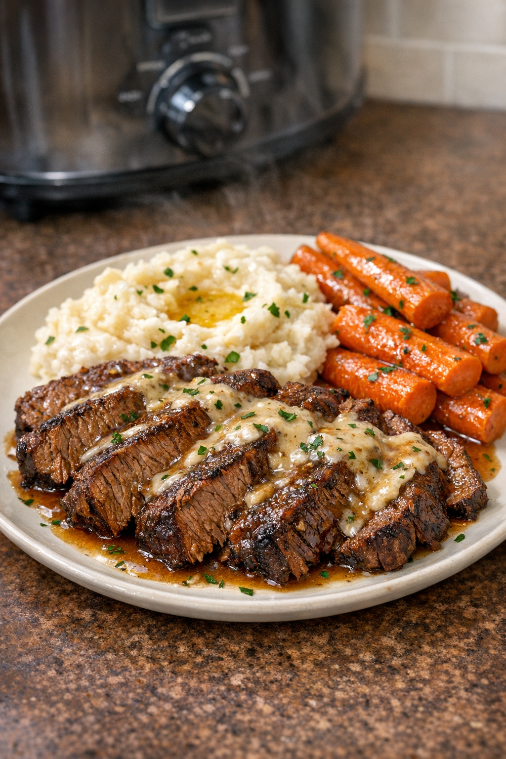 Finished plated beef brisket with zesty horseradish gravy