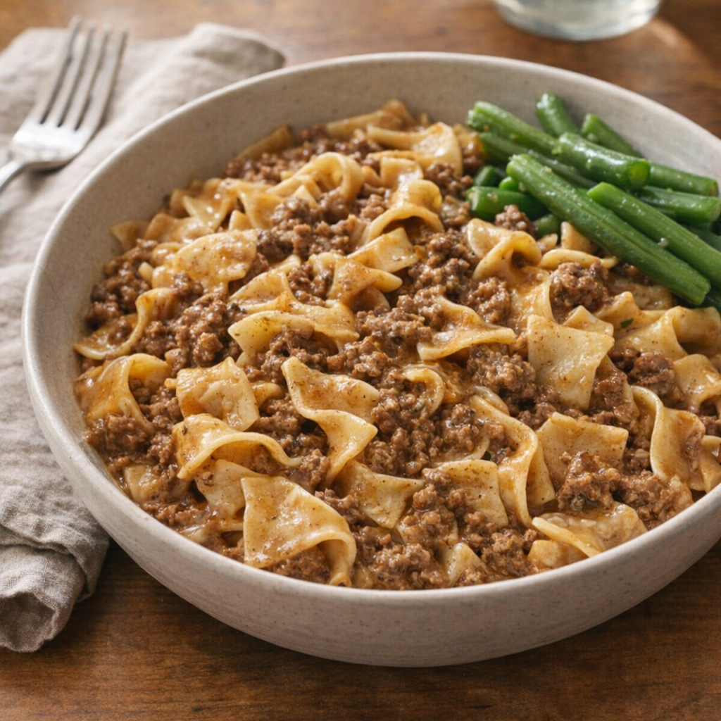 Bowl of beef noodles with green beans on the side