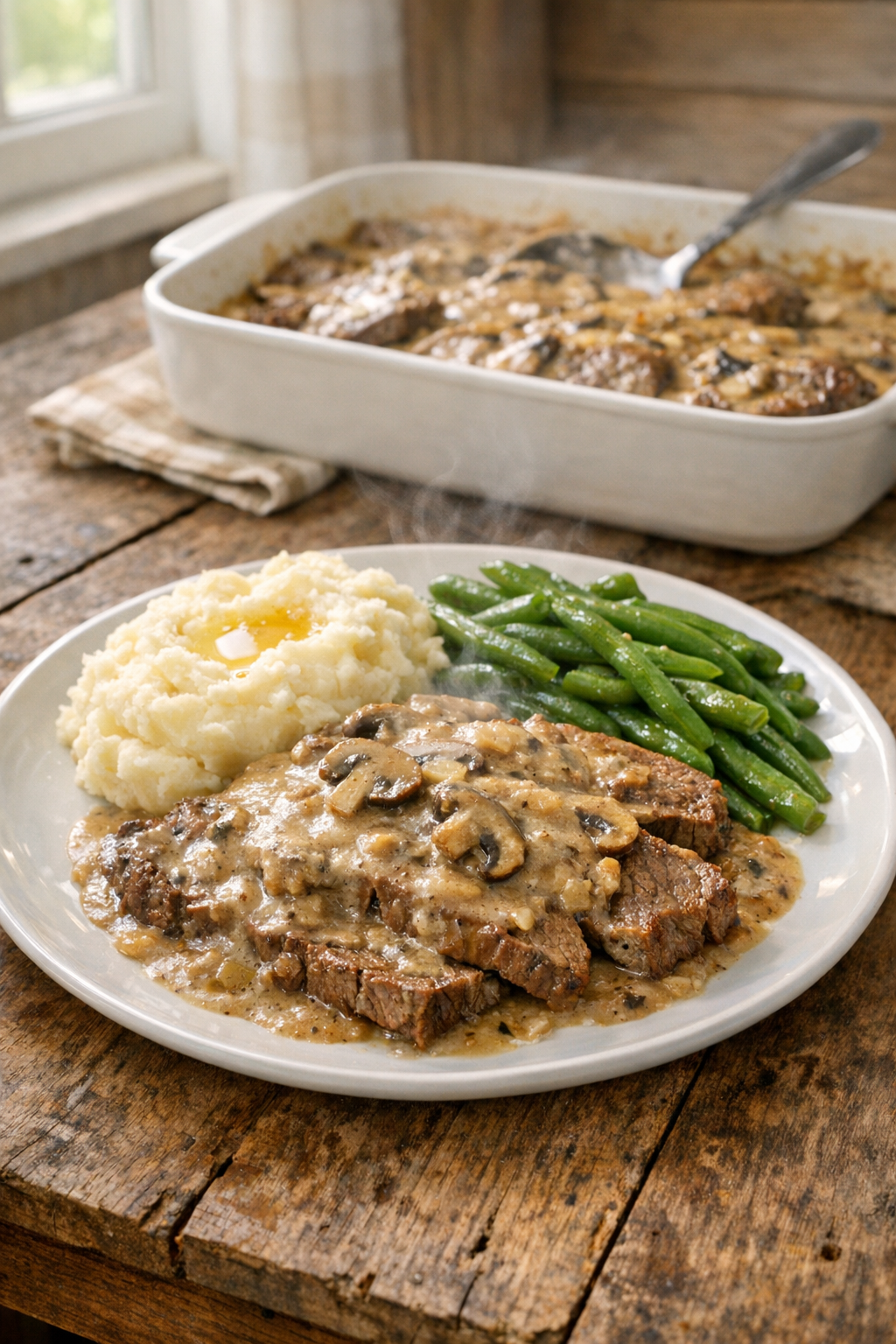 Finished Amish beef and mushroom bake plated with creamy gravy