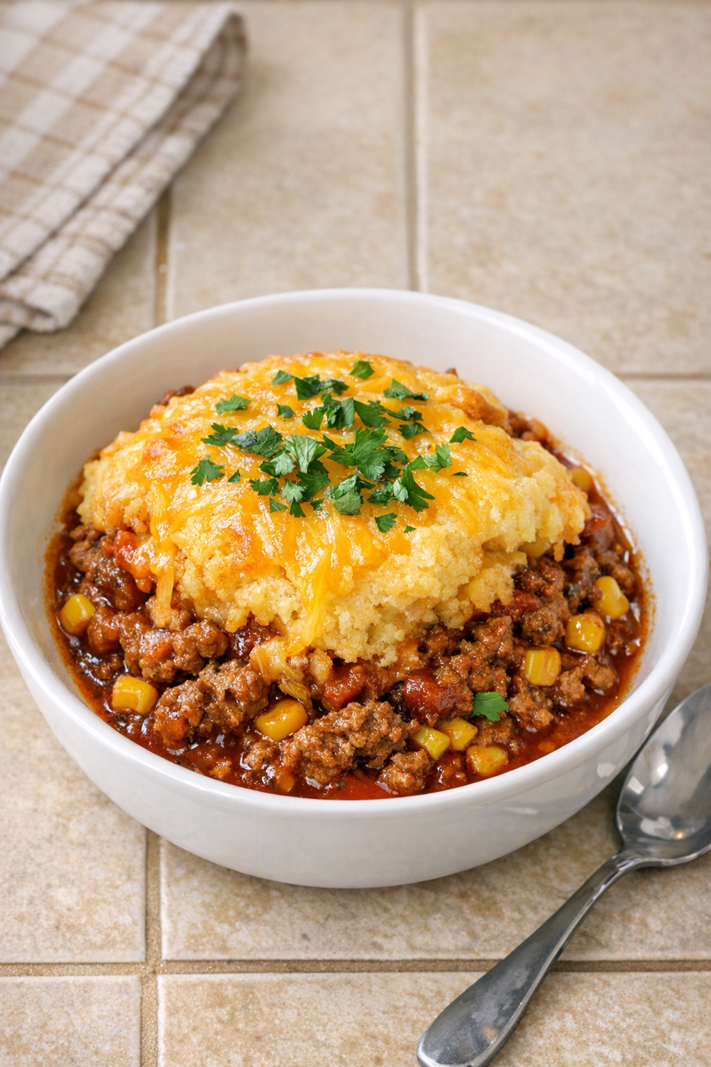 Finished slow cooker tamale pie plated for serving