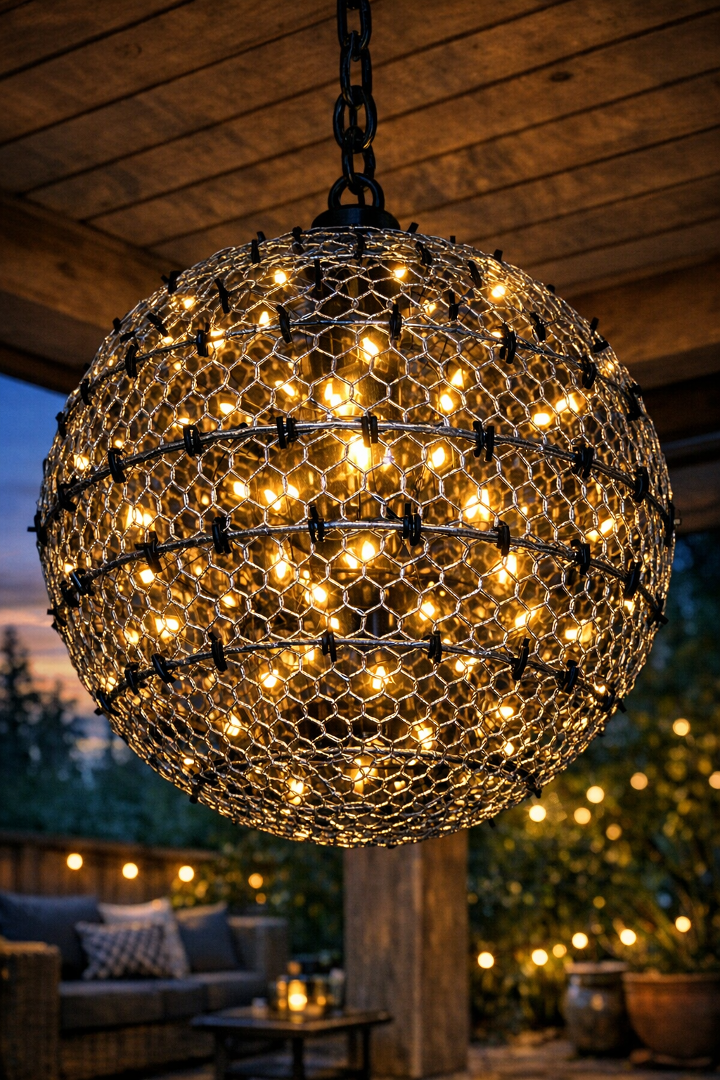 Finished glowing modern artisan patio chandelier hanging outdoors