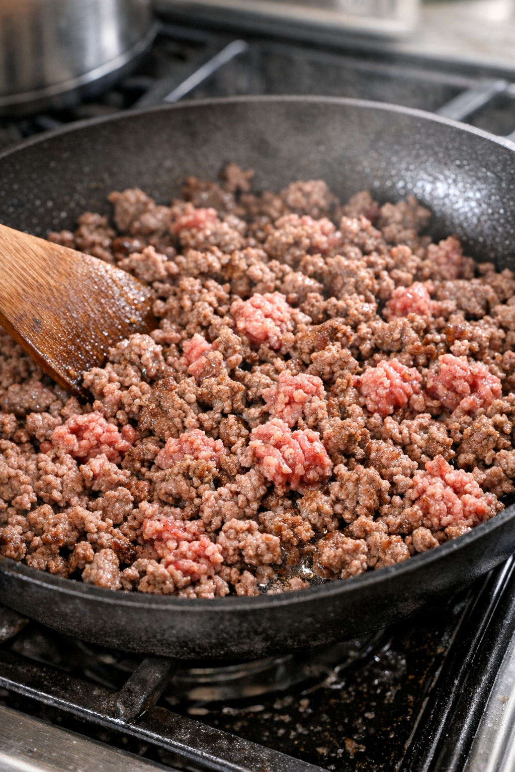 Ground beef browning in a skillet