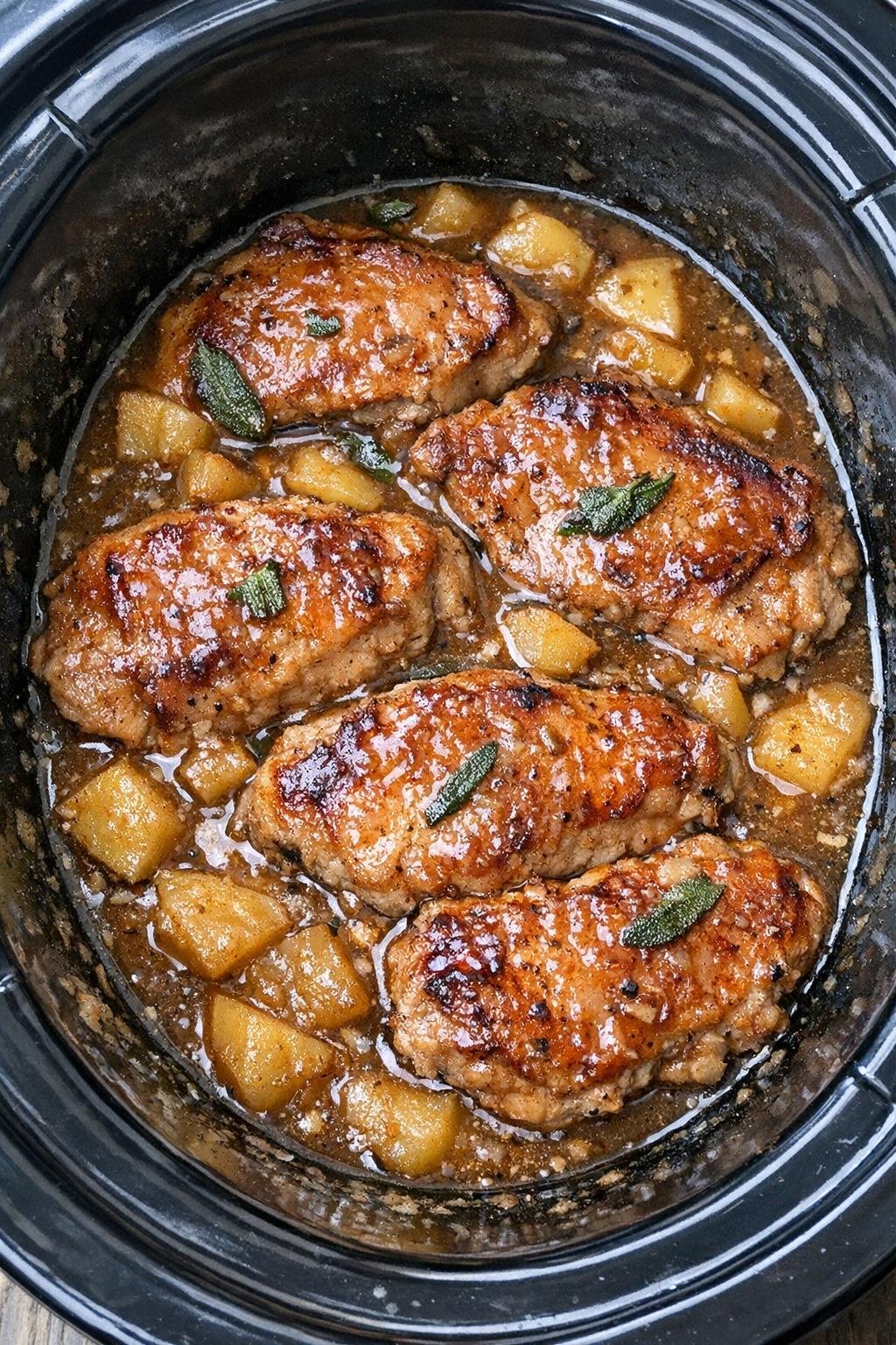 Slow cooker apple sage pork chops in a black slow cooker