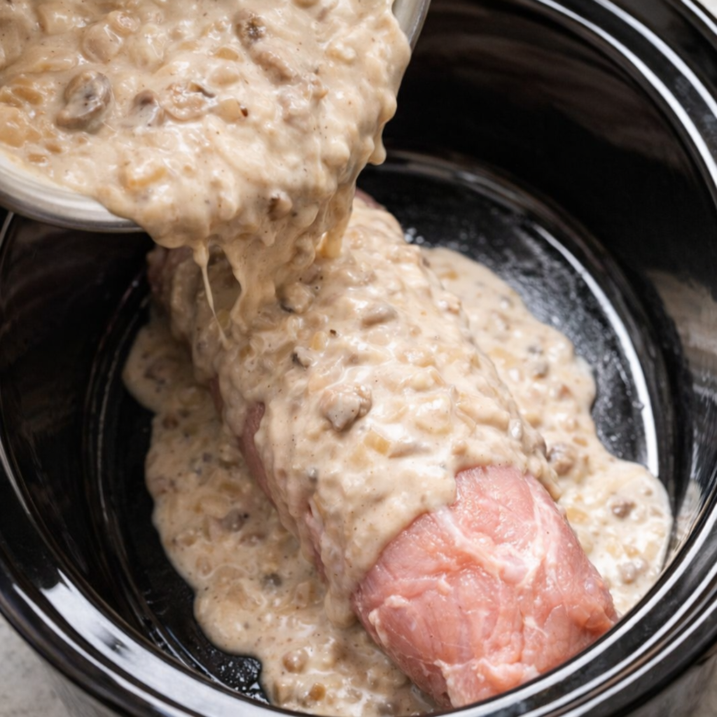 Creamy onion soup mixture being poured over pork