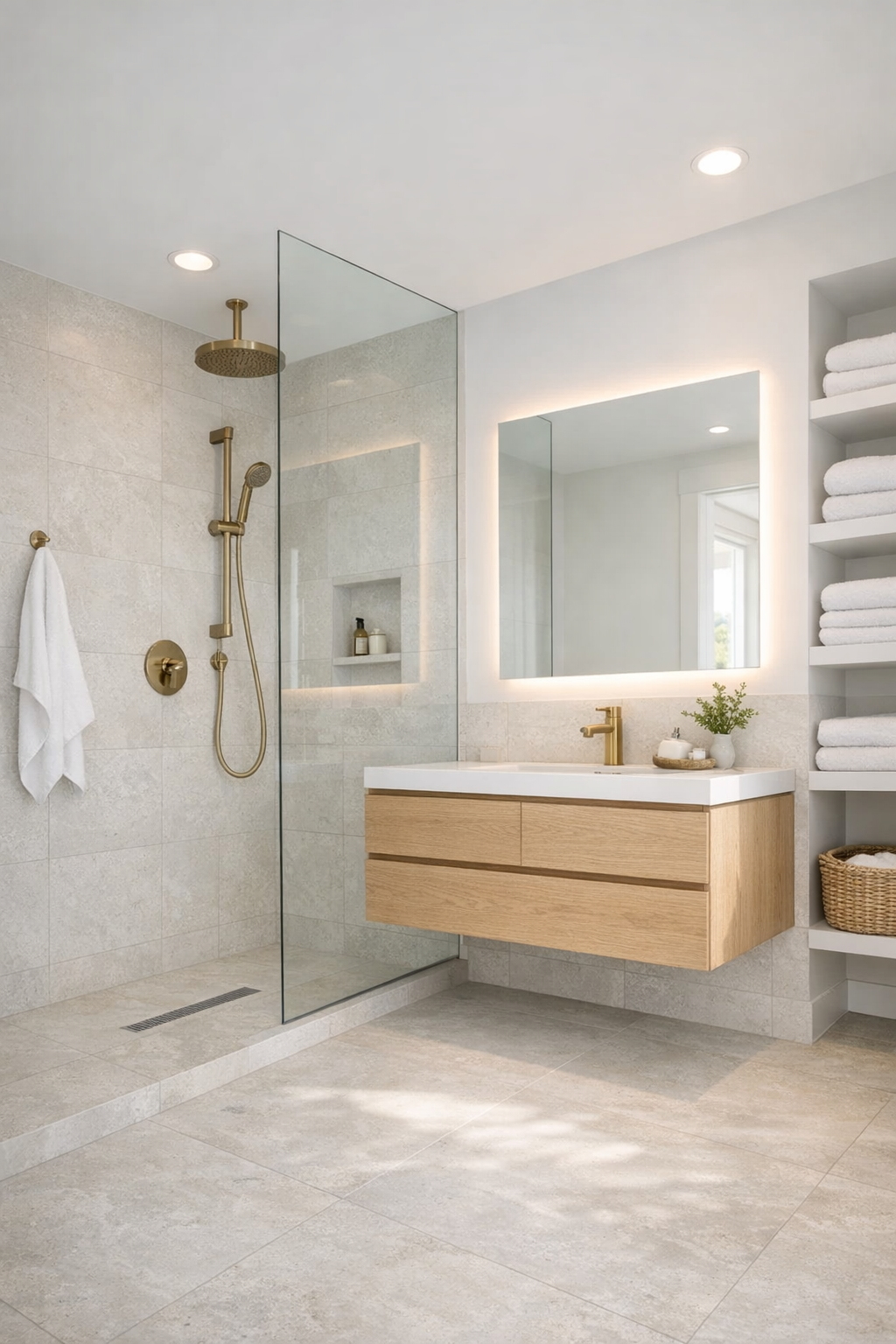 Spa-like accessible bathroom with curbless shower and oak vanity