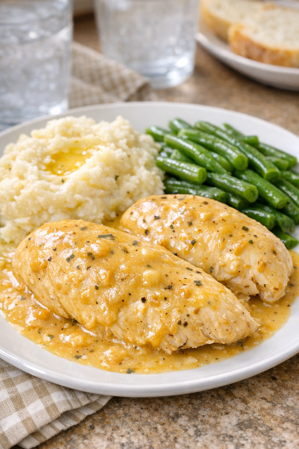 Plated slow cooker chicken with savory sauce