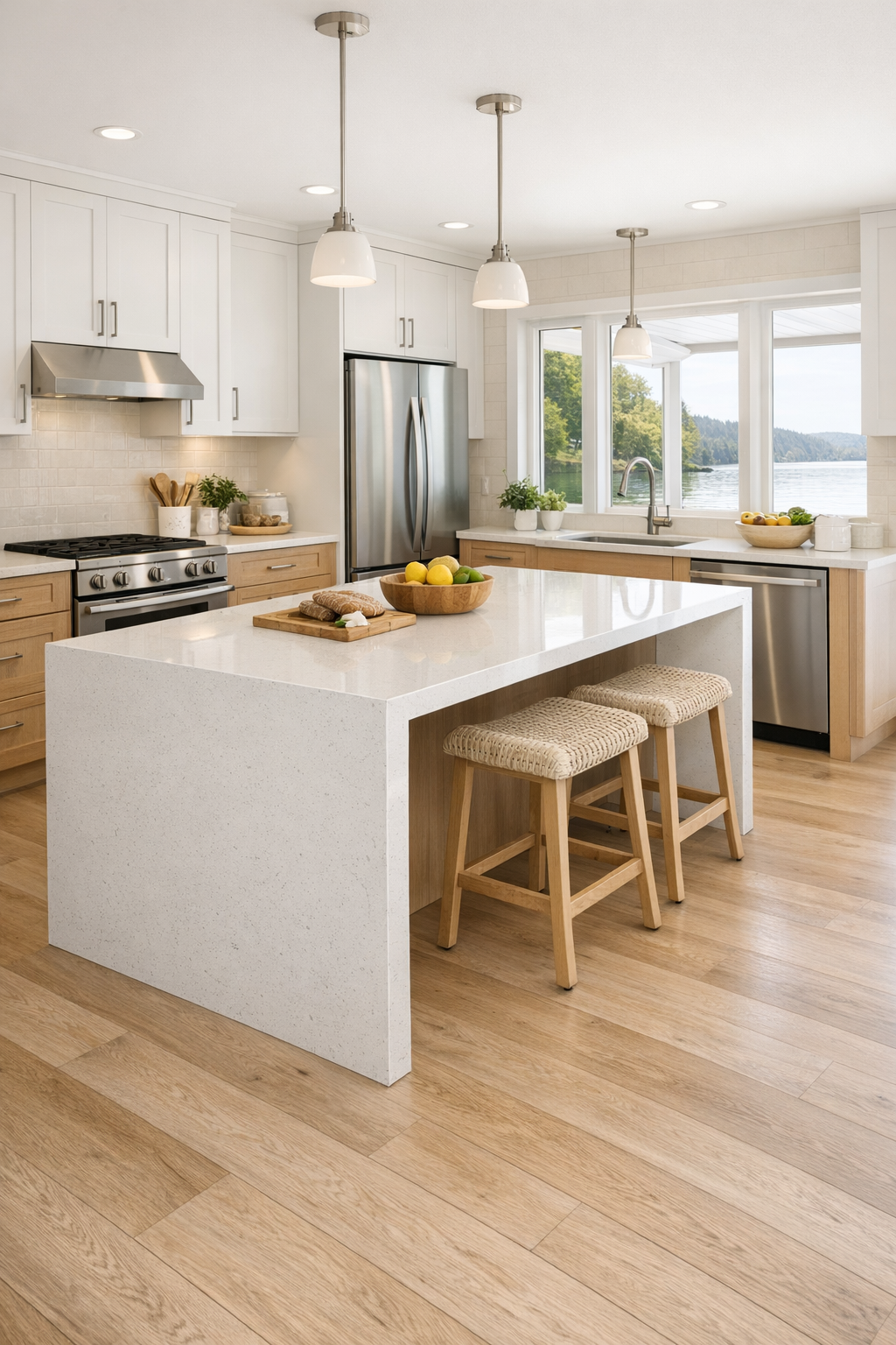 Accessible kitchen with a quartz island, warm white cabinets, and pale oak details