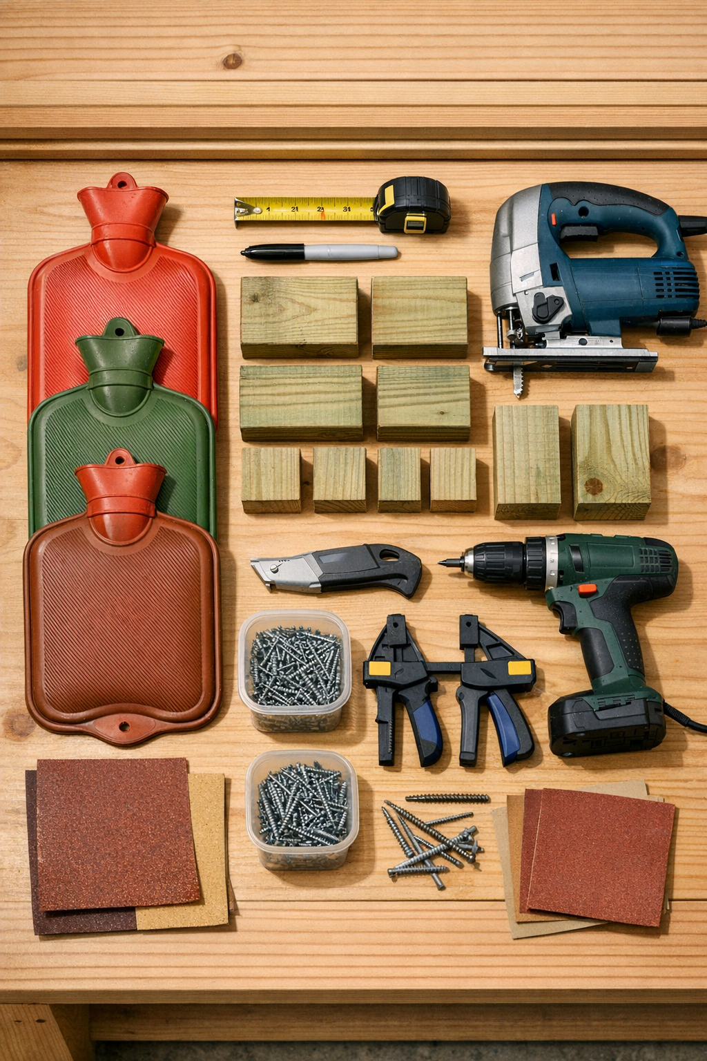 Rubber hot water bottles, pressure-treated lumber blocks, and basic cutting tools laid out on a workbench