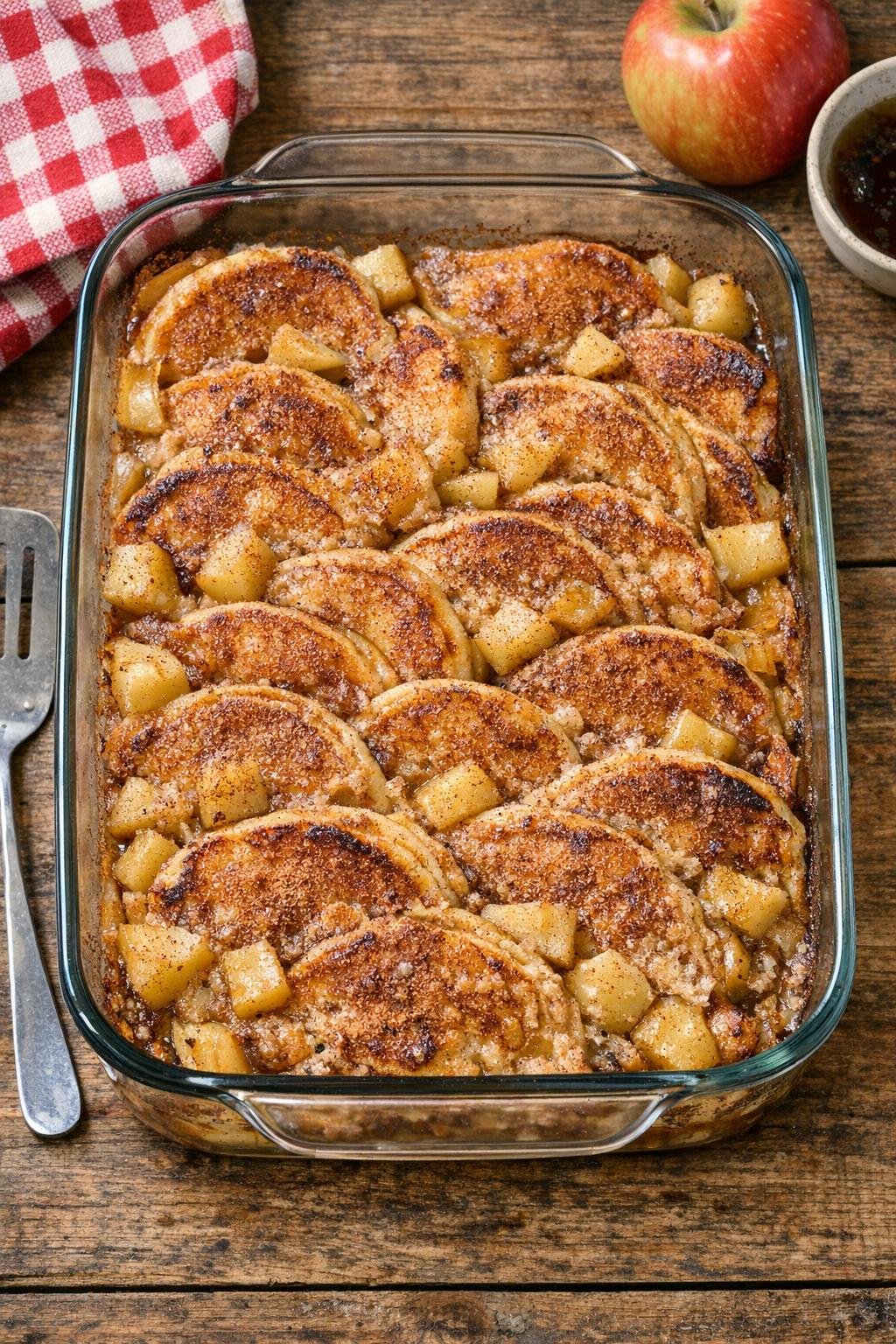 Baked fall pancake casserole in a glass dish