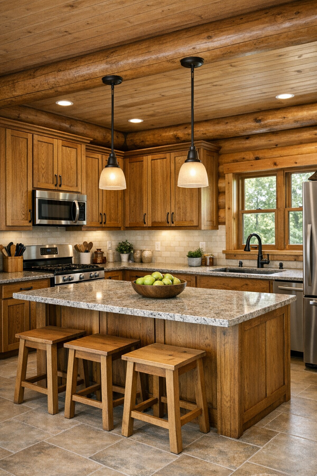 Warm wood kitchen with Amish-made cabinetry, stone counters, and soft pendant lighting