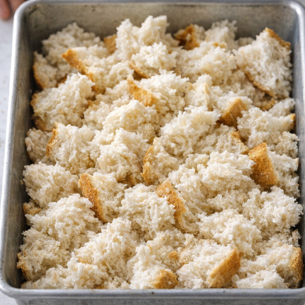 Torn white bread pieces scattered in a square metal pan
