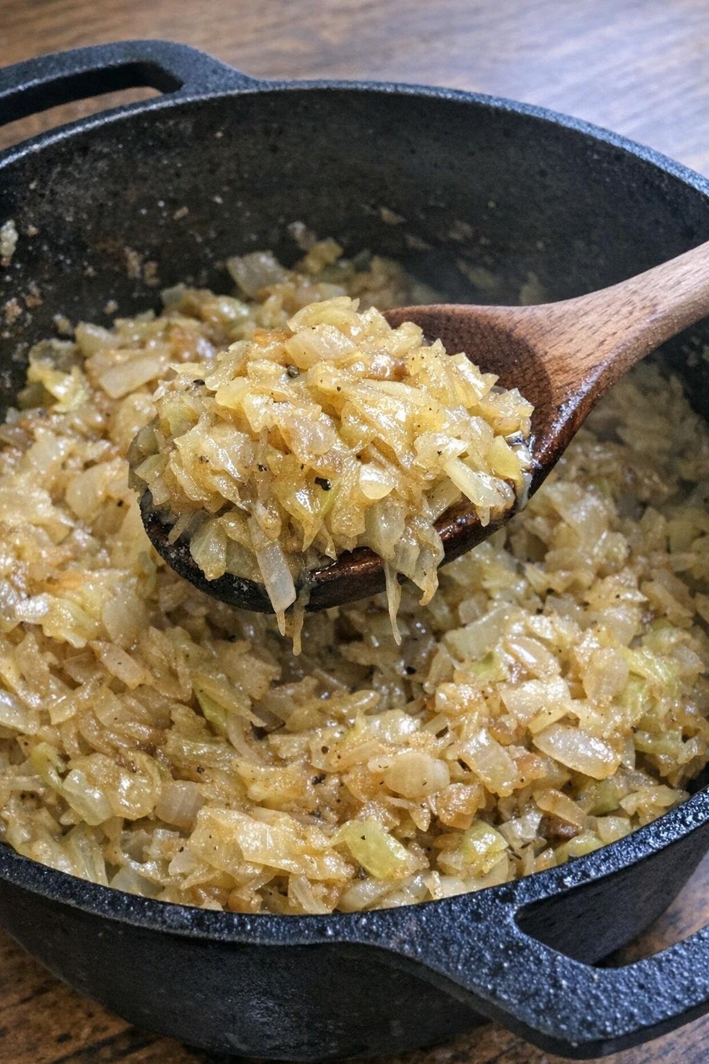 Tender caramelized green cabbage in a cast iron dutch oven