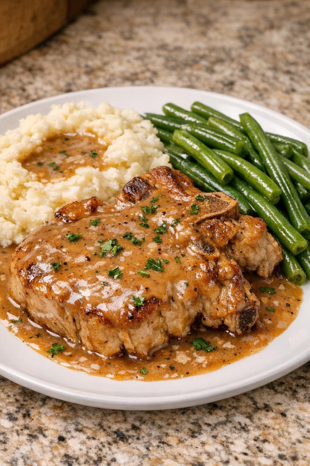 Finished smothered ranch pork chops plated with gravy