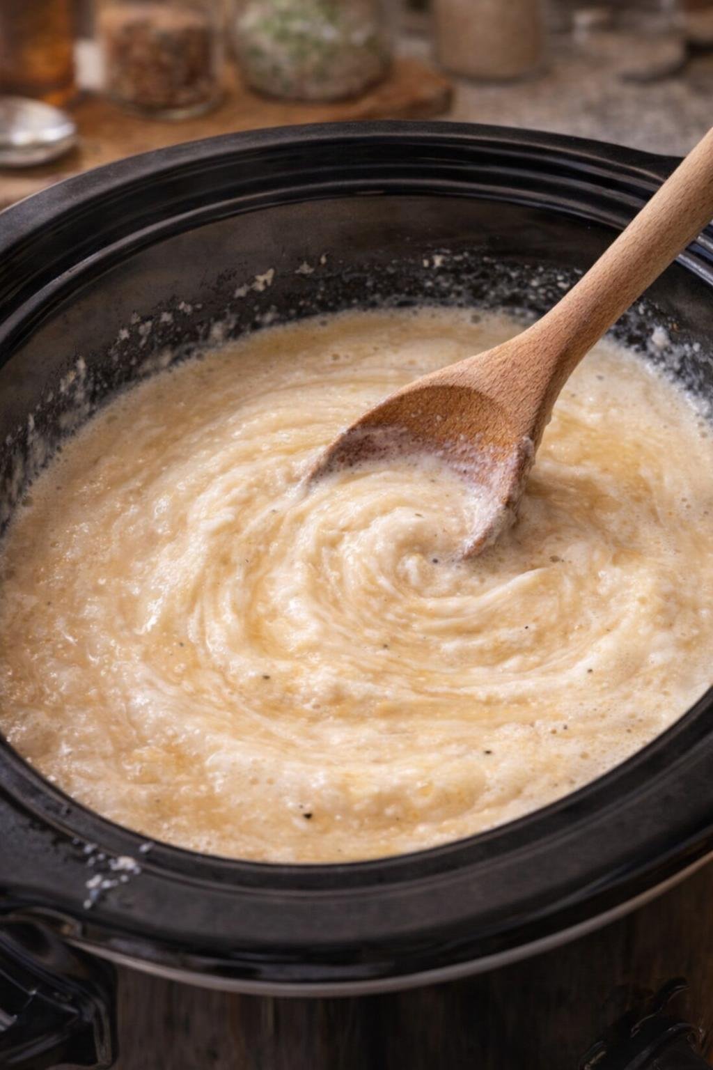 Alfredo sauce and broth being stirred in a slow cooker